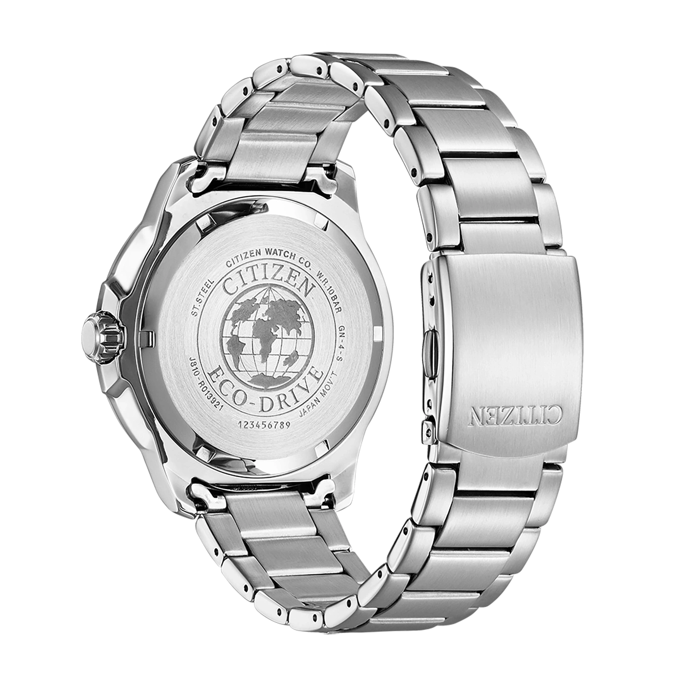 Citizen-Uhrrückseite, Edelstahl, Eco-Drive, mit Markenlogo und Text.