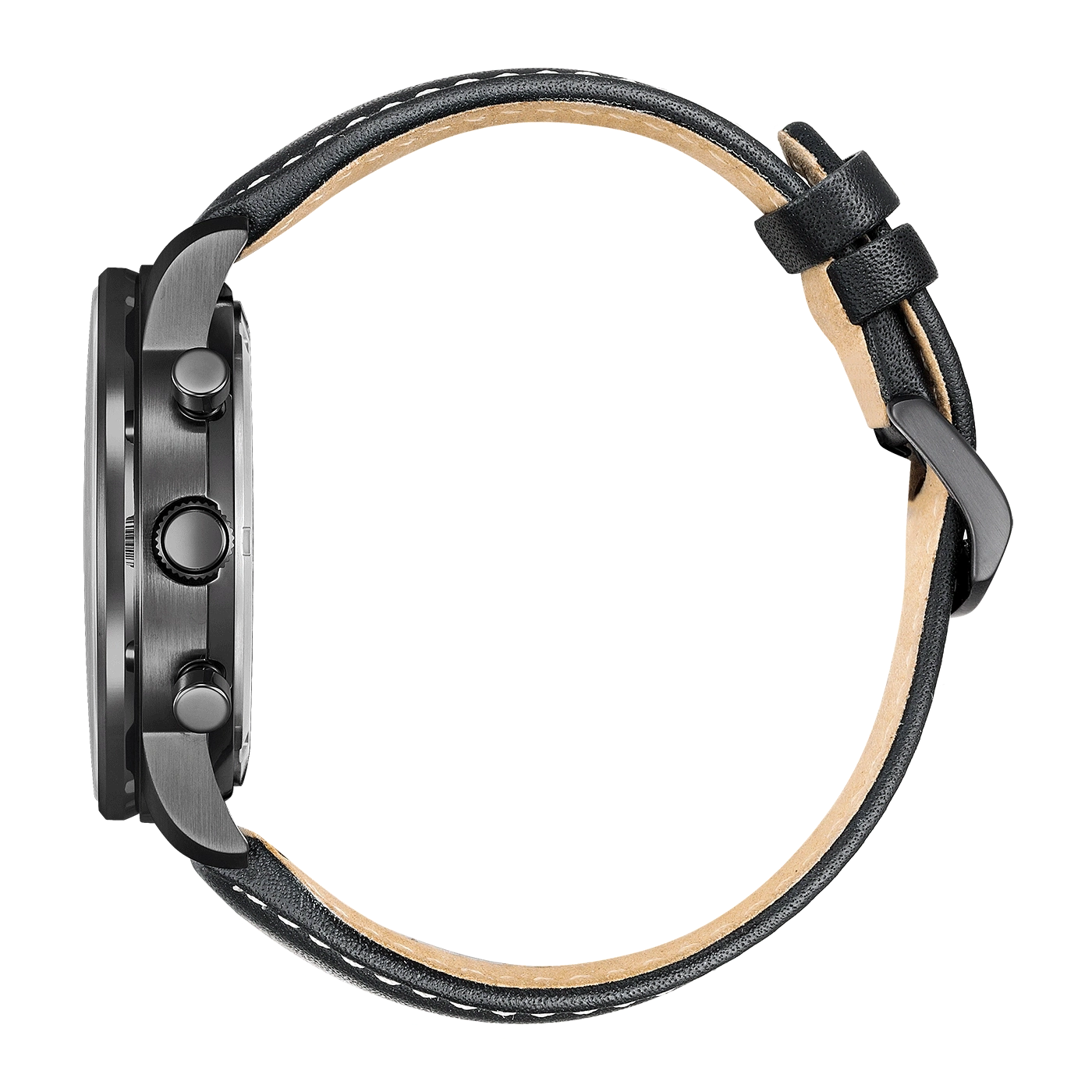 Seitenansicht einer schwarzen Uhr mit Lederarmband, elegantes Design.