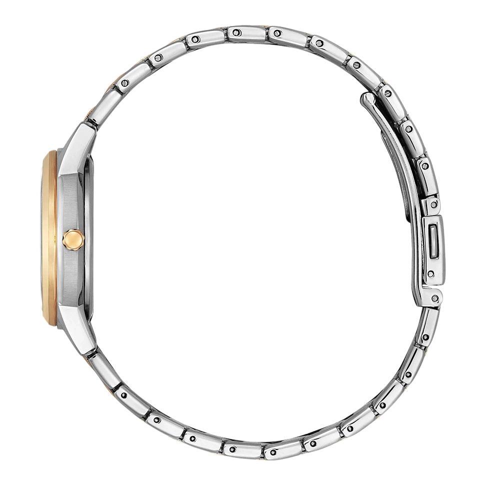 Seitenansicht einer silbernen und goldenen Armbanduhr auf weißem Hintergrund.