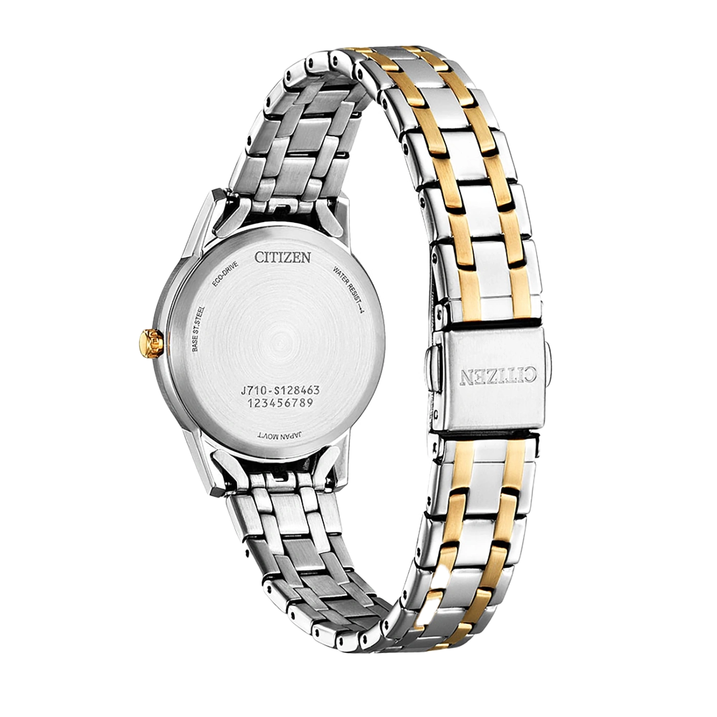 Citizen-Uhr, Rückseite, silbernes und goldenes Armband, Eco-Drive, wasserdicht, Japan Movt.