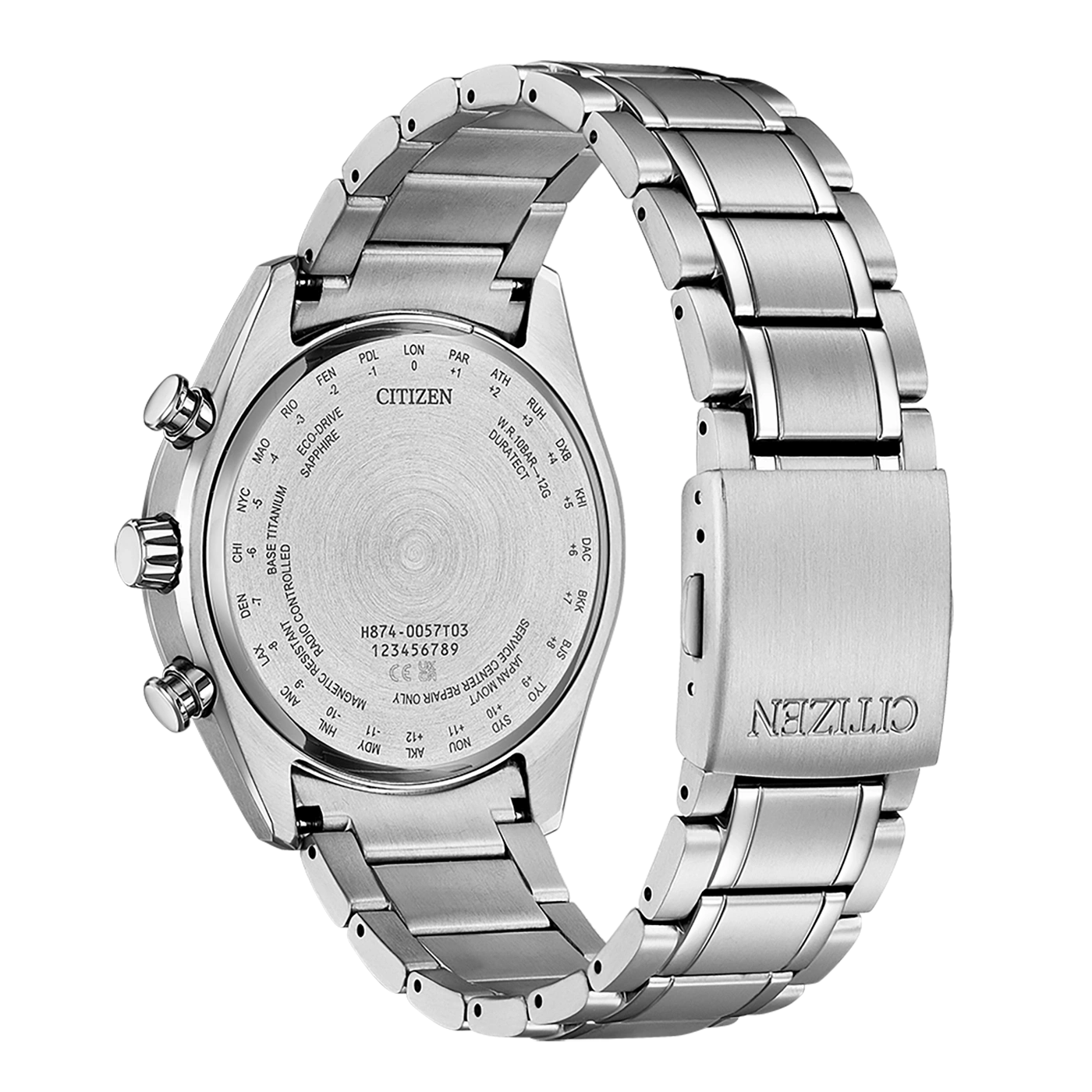 Rückseite der Citizen-Uhr mit Details: Modell, Zeitzonen und Spezifikationen.