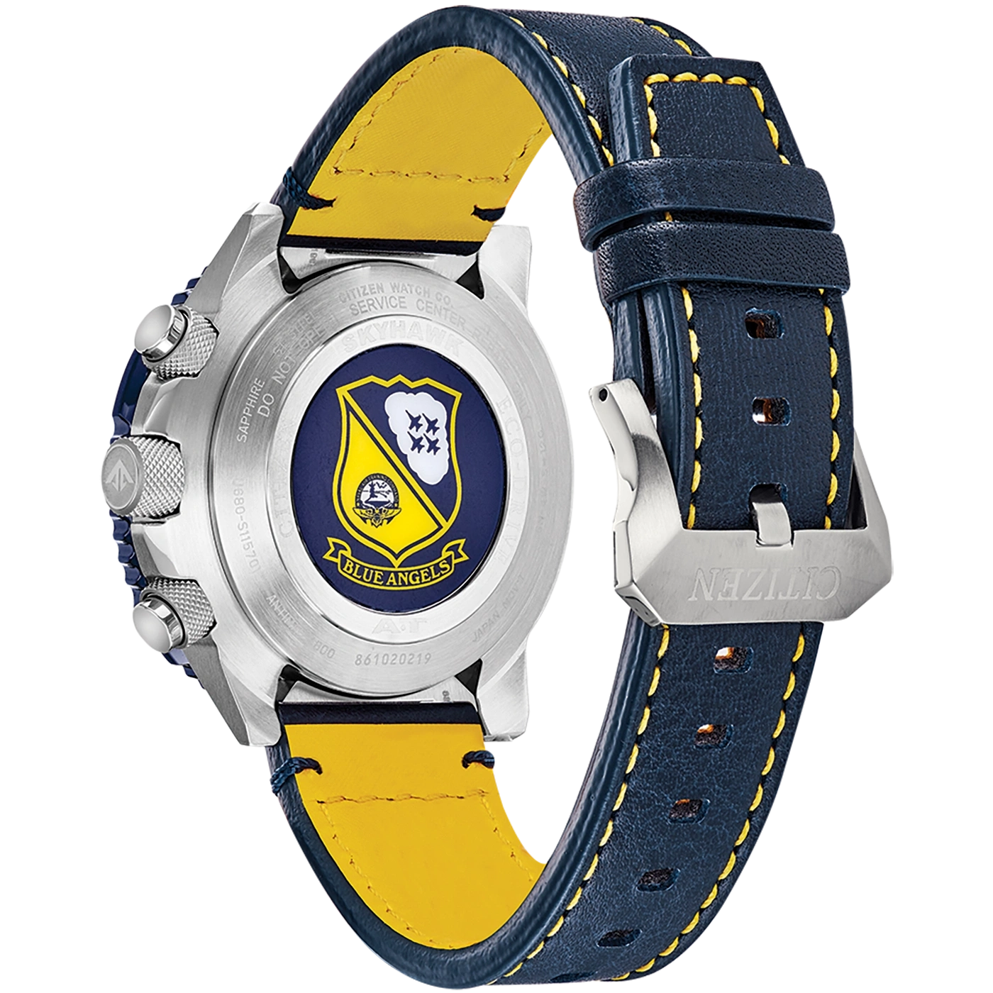 Citizen Blue Angels Uhr, marineblaues Lederarmband, gelbe Nähte, Rückansicht, Logo.