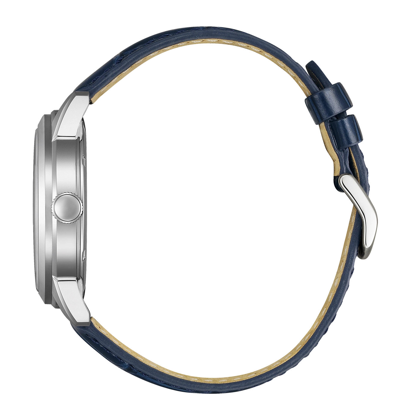 Seitenansicht einer silbernen Uhr mit blauem Lederarmband und Schnalle.