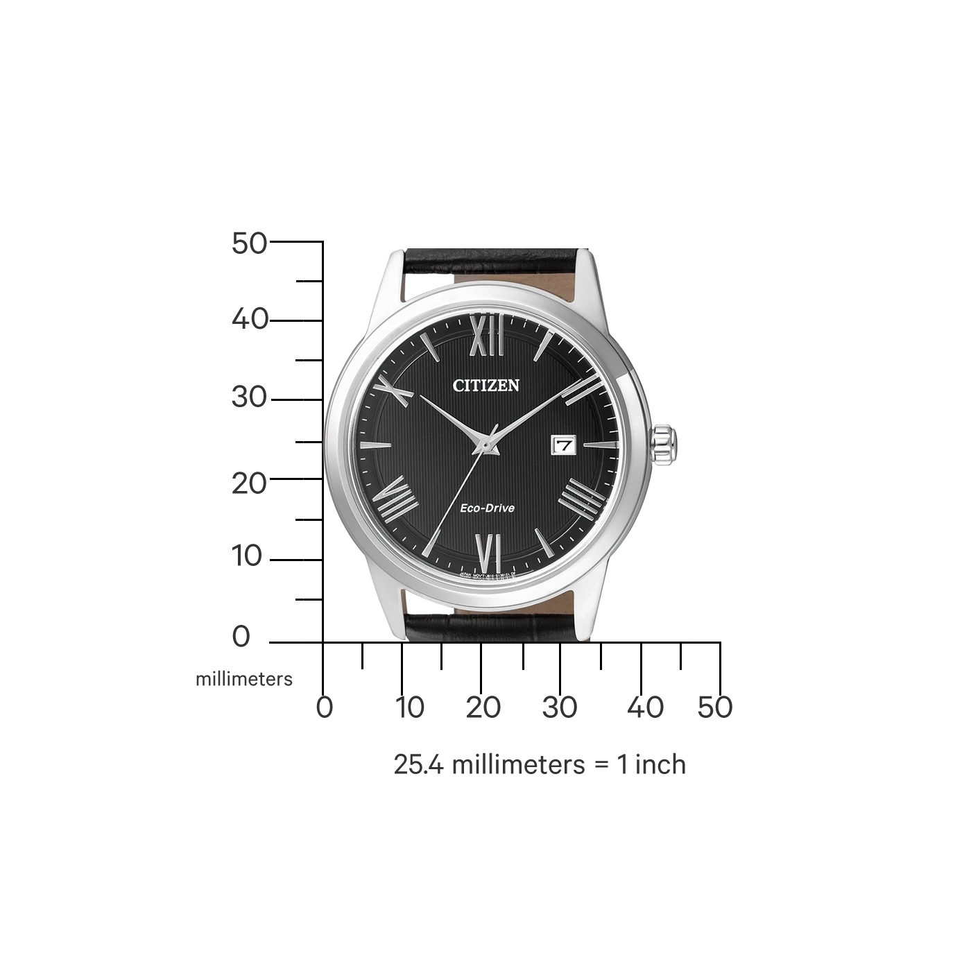Citizen-Uhr mit schwarzem Zifferblatt und Lederarmband, Messung in Millimetern.