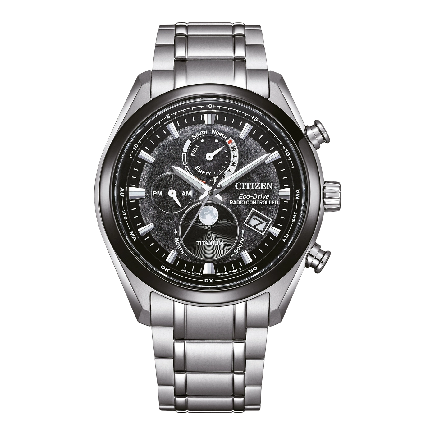 Citizen Eco-Drive Uhr mit schwarzem Zifferblatt, Titan, funkgesteuert und Datumsanzeige.