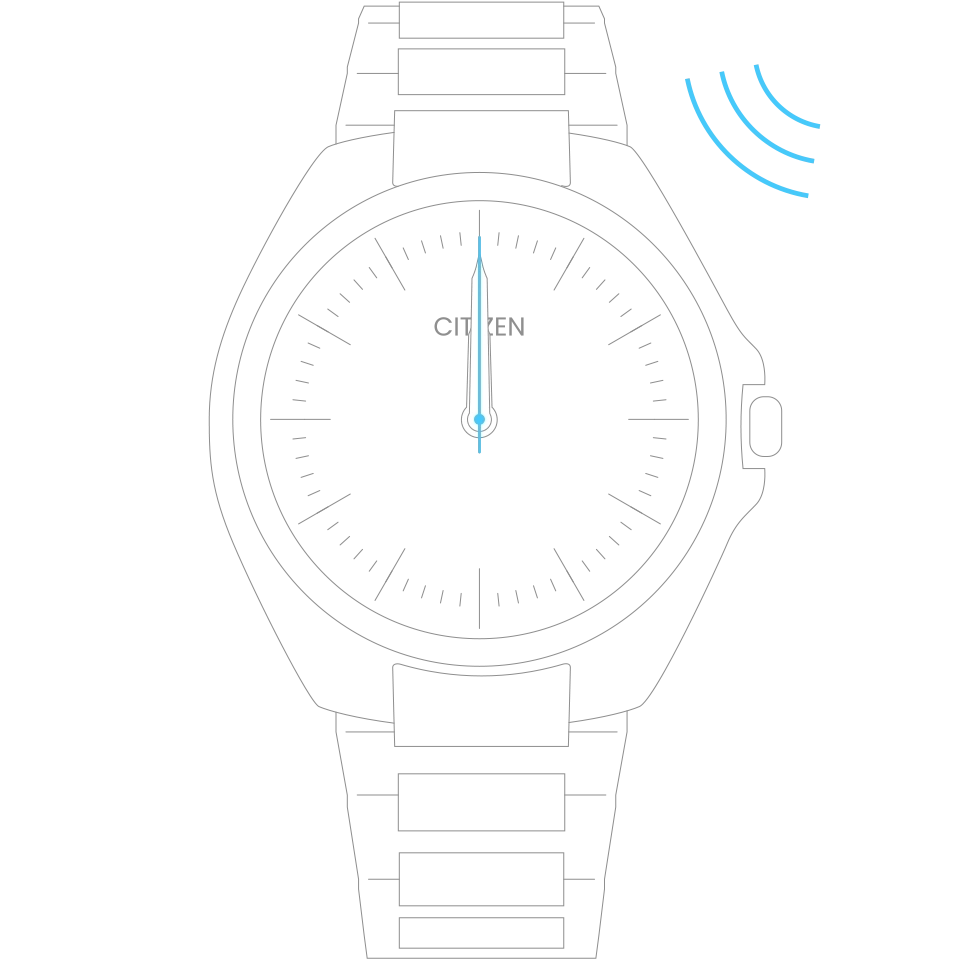 Citizen-Uhr mit schwarzem Zifferblatt und blauen Zeigern, die die Zeit anzeigen.