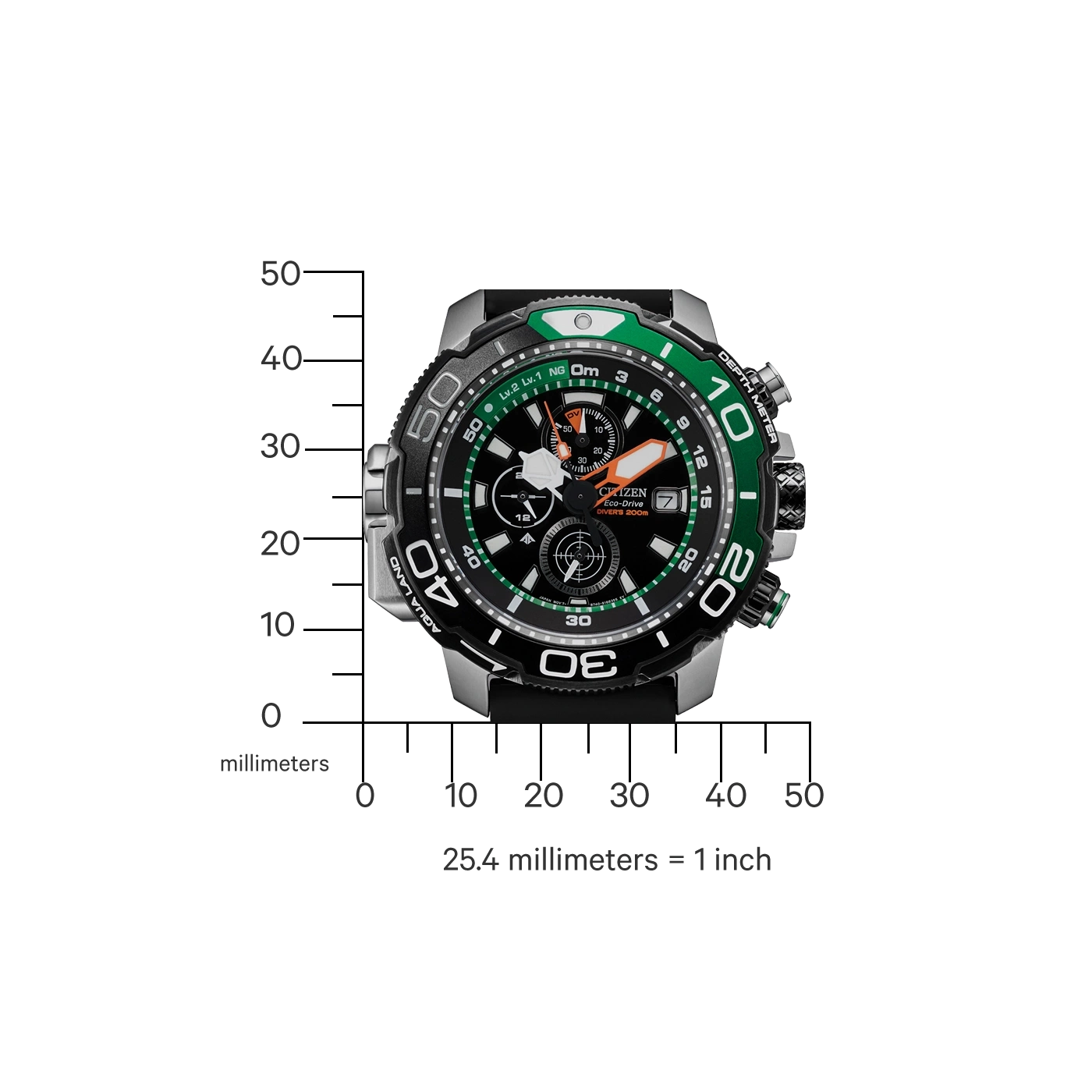 Citizen-Uhr mit schwarzen und grünen Details, Tiefenmesser und Eco-Drive.