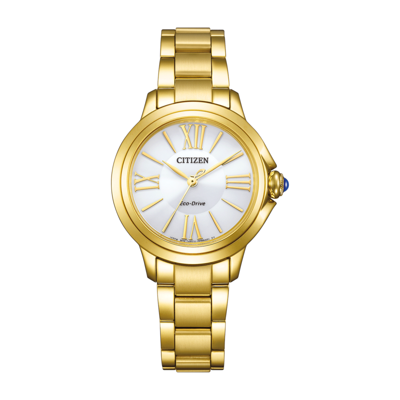 Goldene Citizen Eco-Drive Uhr mit weißem Zifferblatt und goldenem Armband