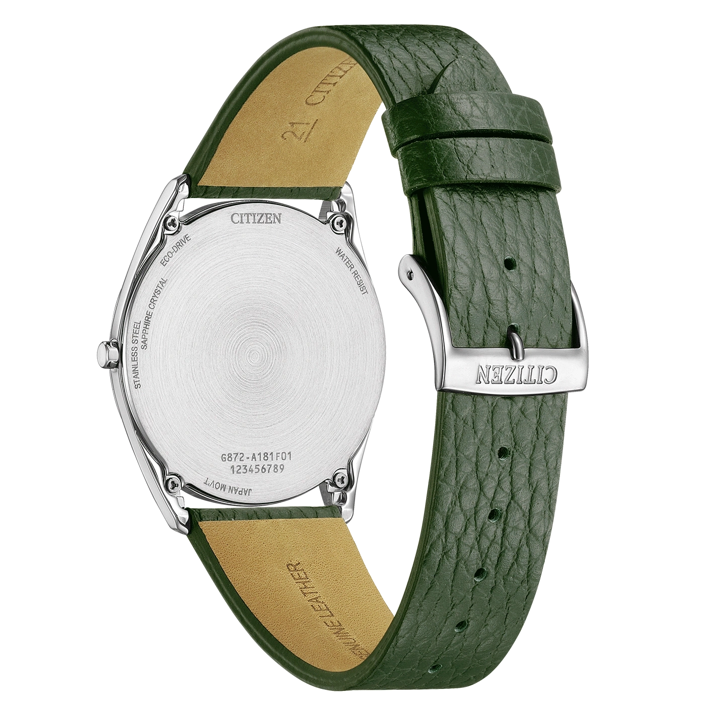 Citizen-Uhrenrückseite mit Lederarmband, Edelstahl, Saphirkristall, Eco-Drive