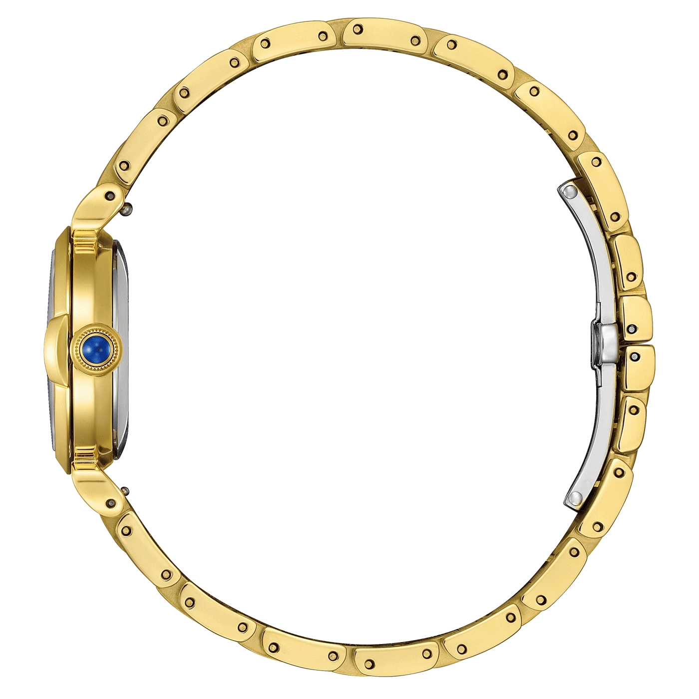 Goldene Uhr mit blauem Edelstein, Seitenansicht, elegantes Design, Luxus-Accessoire