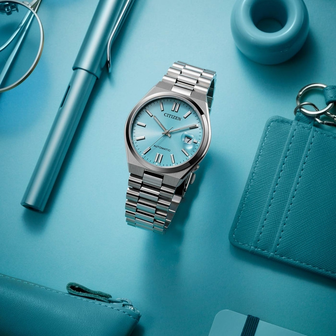 Citizen-Uhr, Stift, Brille und Accessoires auf blauem Untergrund.