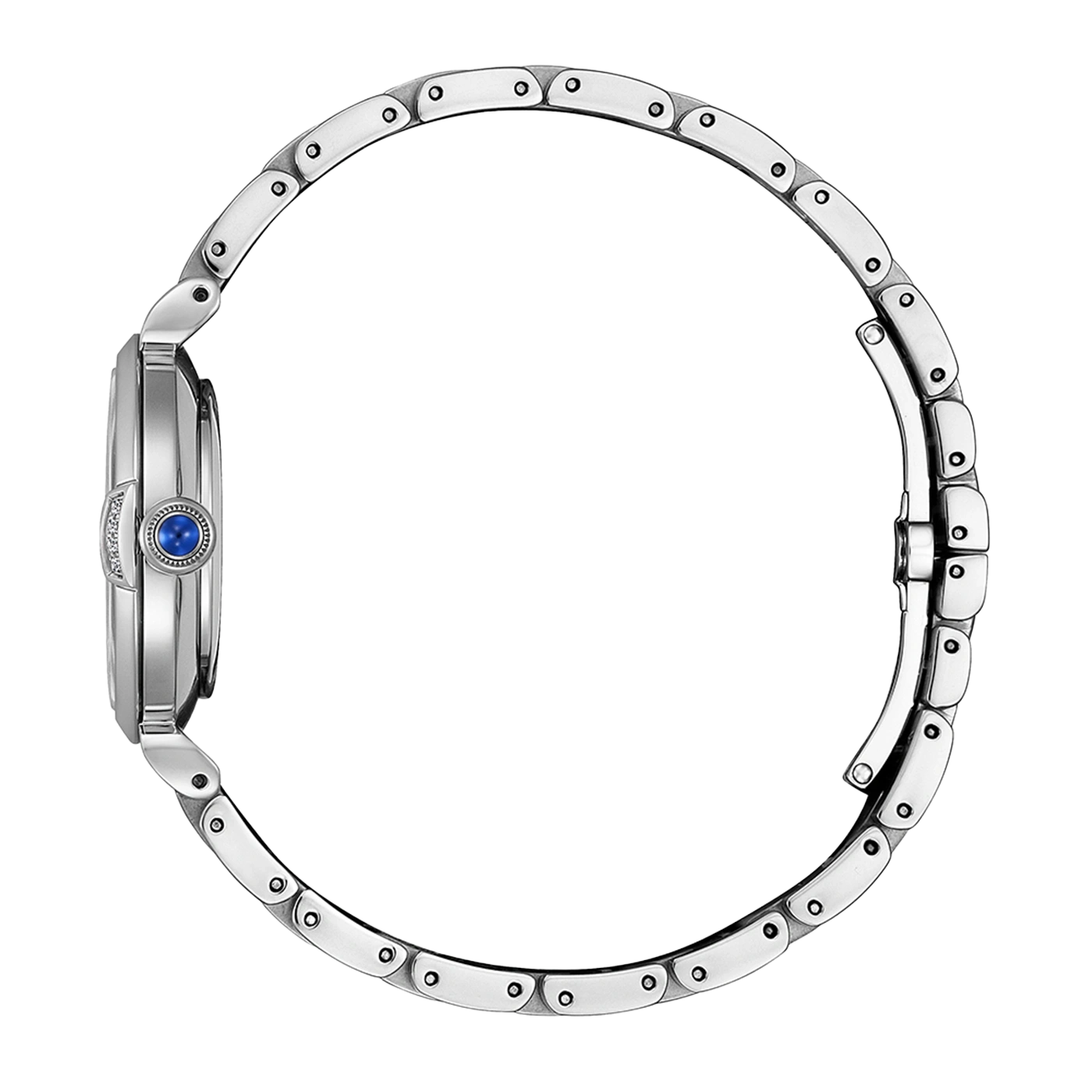 Eine silberne Uhr mit einem blauen Edelstein an der Seite.