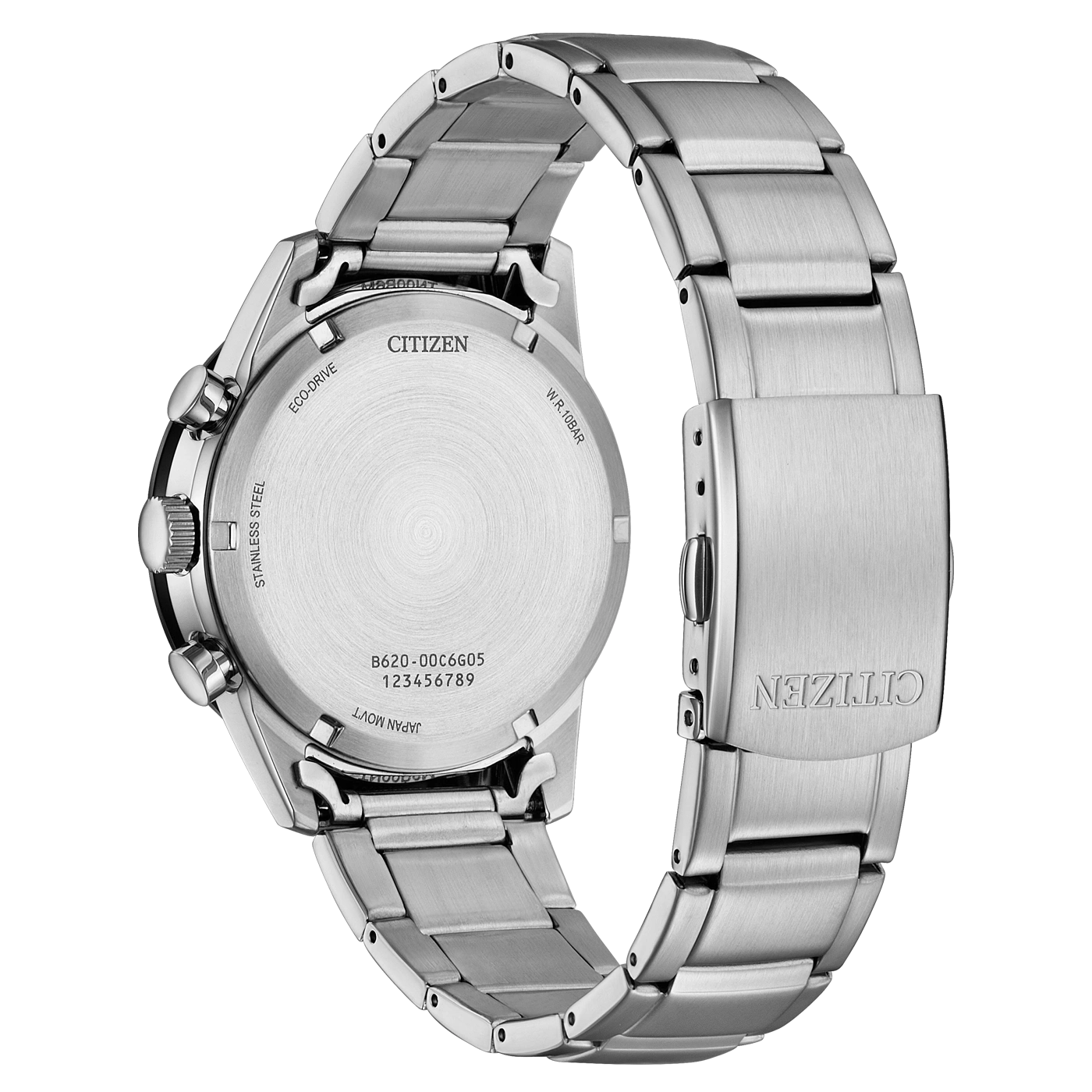 Citizen-Uhrrückseite, Edelstahl, Eco-Drive, W.R. 10BAR, Japan Movt.