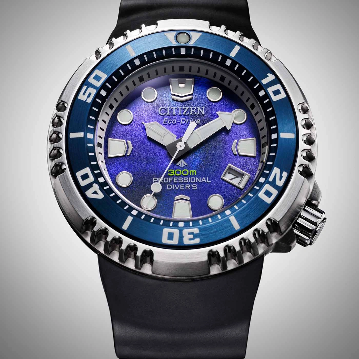 Citizen Eco-Drive Uhr mit blauem Zifferblatt und schwarzem Armband, professionelle Taucheruhr