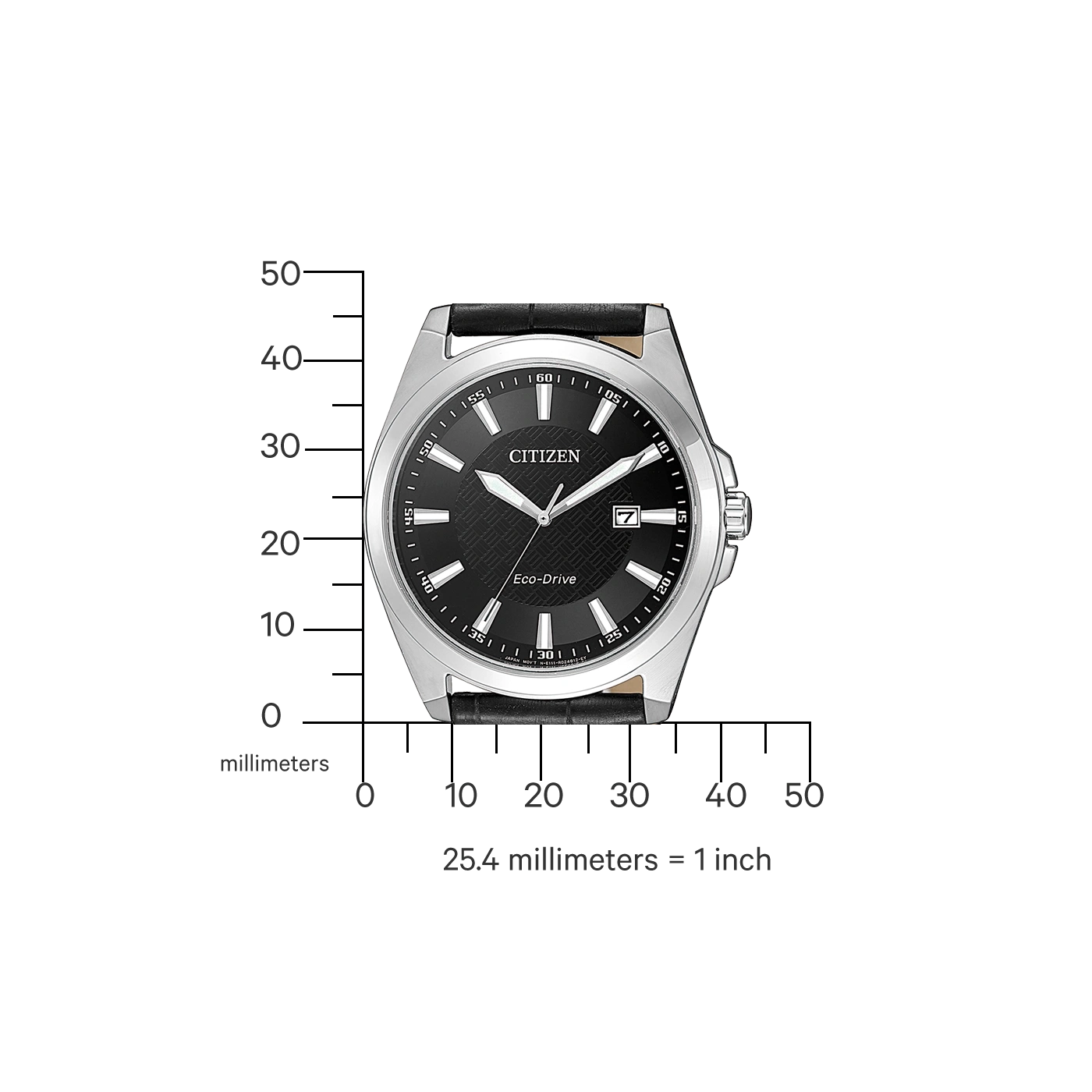 Citizen-Uhr mit schwarzem Zifferblatt, silbernem Gehäuse und schwarzem Lederarmband. Eco-Drive.