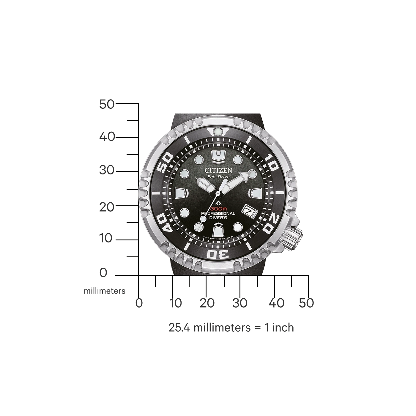 Citizen Eco-Drive Uhr mit Millimeterskala, schwarzem Zifferblatt, professioneller Taucheruhr.
