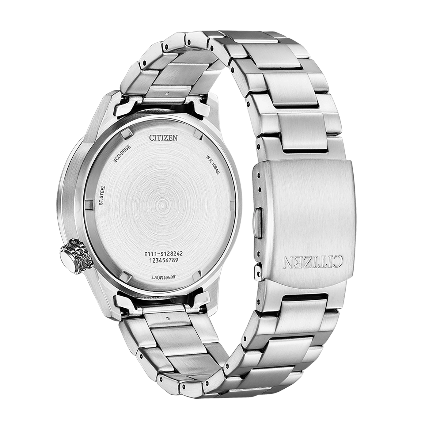 Citizen-Uhrrückseite, Edelstahl, Eco-Drive, W.R. 10BAR, Japan Movt.