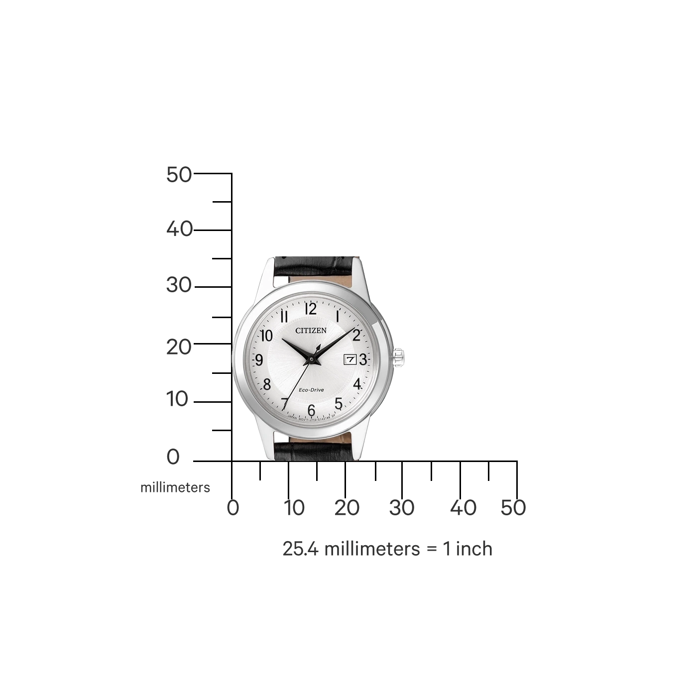 Citizen-Uhr mit schwarzem Lederarmband, weißem Zifferblatt und silbernem Gehäuse. Zeitmesser.