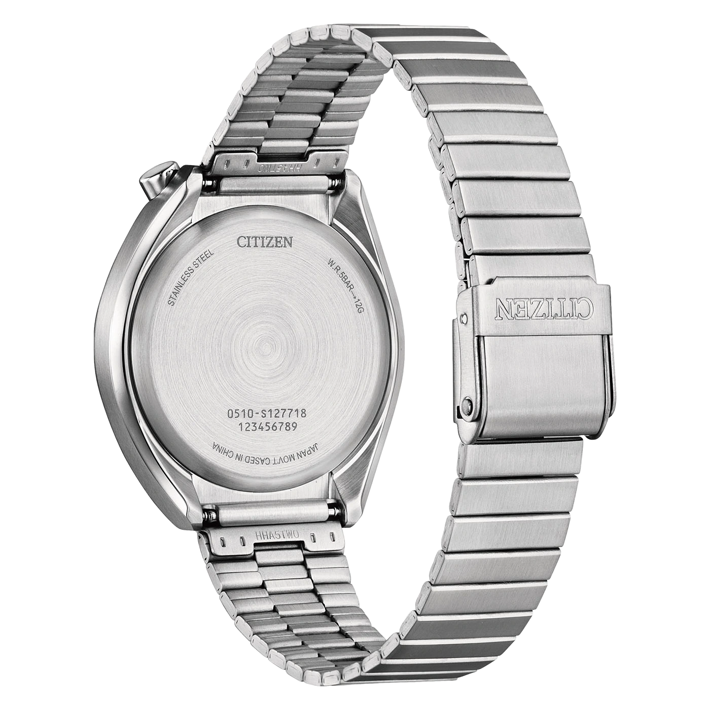 Rückseite einer Citizen-Edelstahl-Uhr mit Modellnummer und Wasserdichtigkeit.