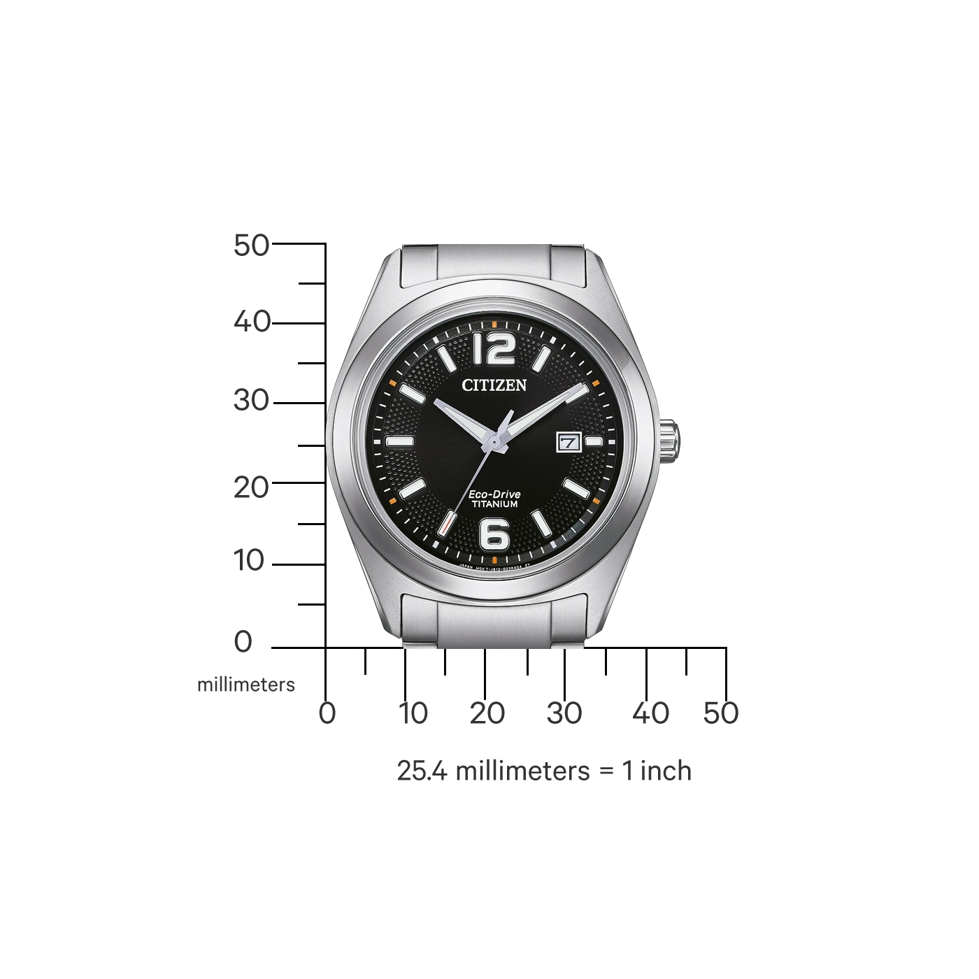 Citizen-Uhr mit schwarzem Zifferblatt, Titan, Eco-Drive und Maßstab.
