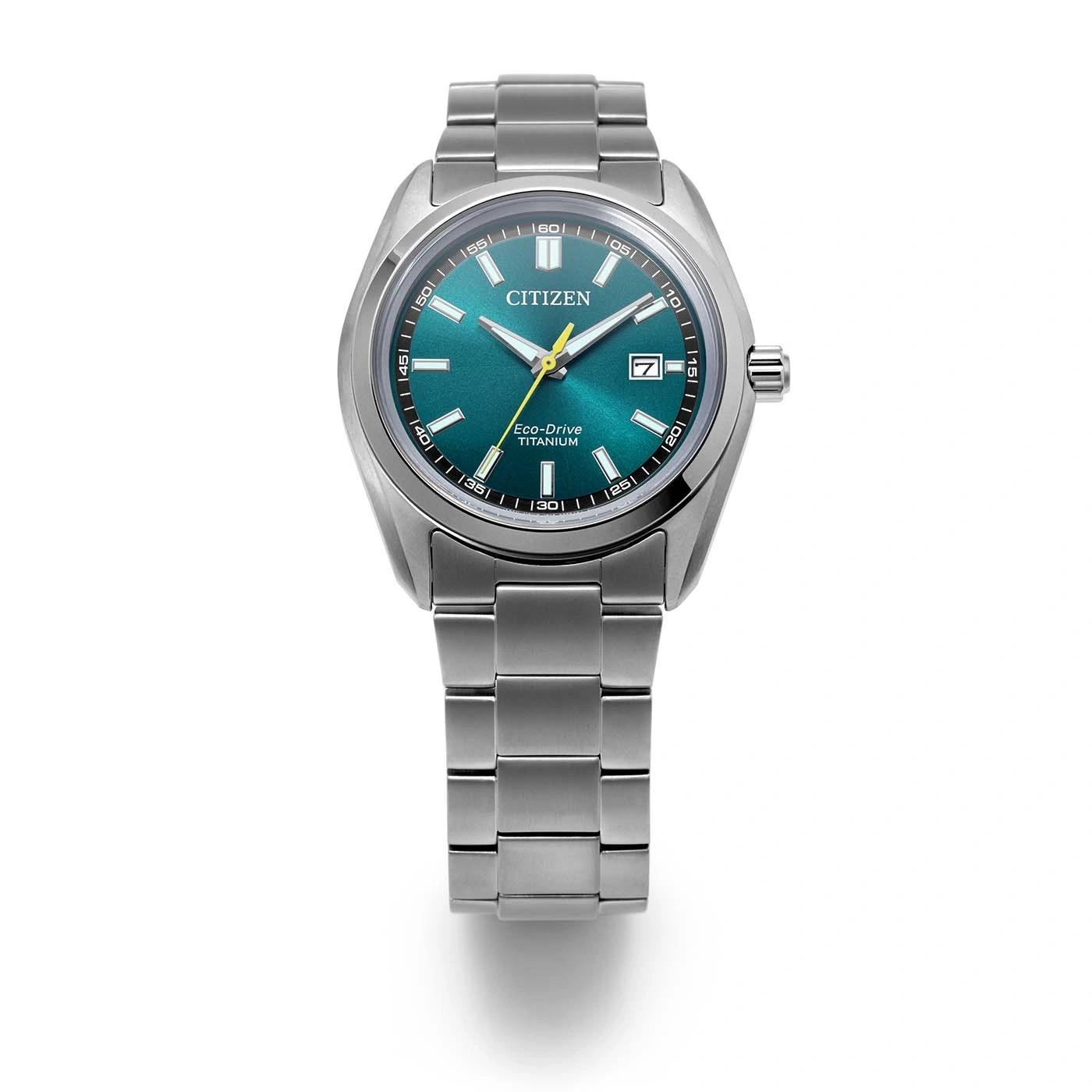 Eine silberne Citizen Eco-Drive Titanuhr mit grünem Zifferblatt.