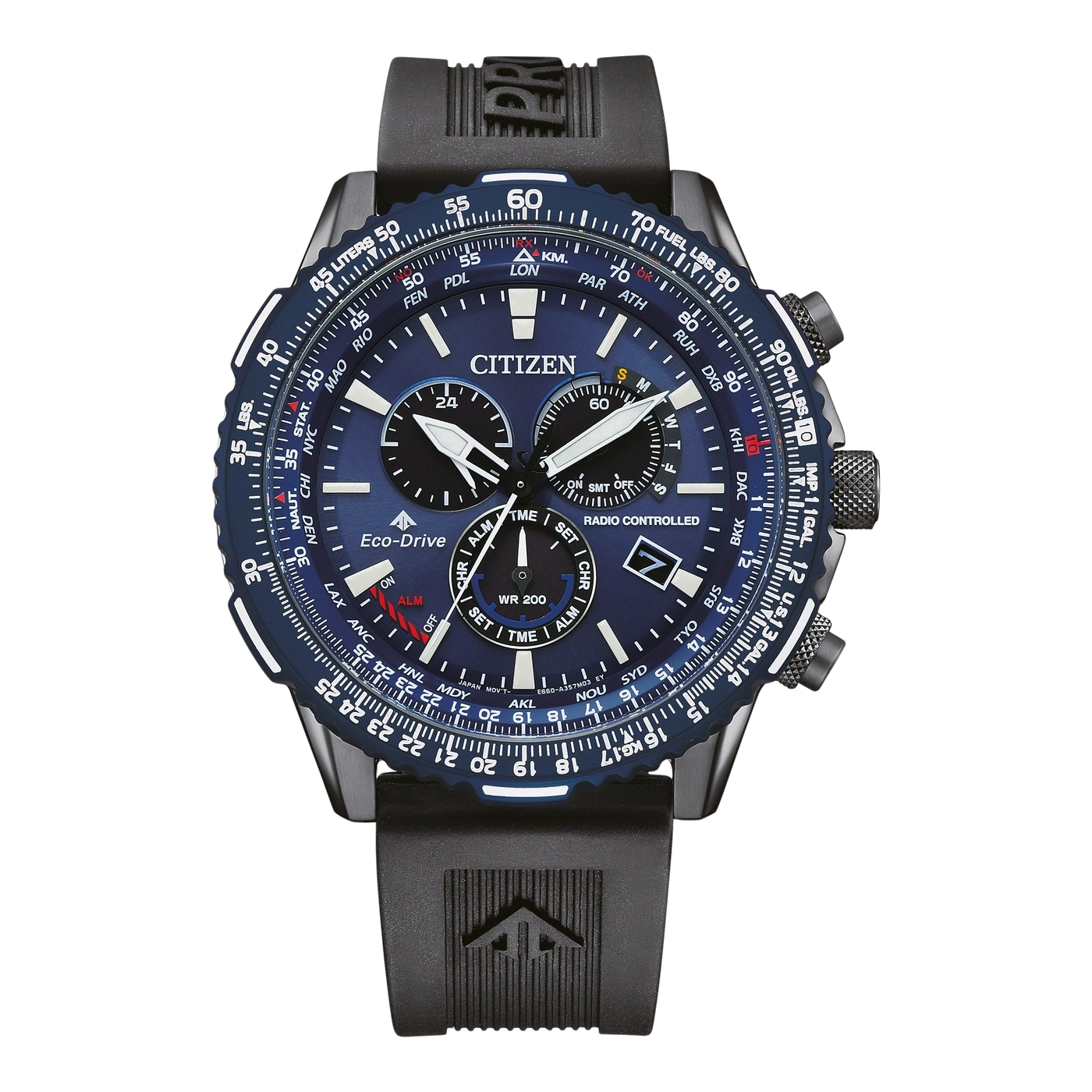 Citizen-Uhr mit blauem Zifferblatt, schwarzem Armband und vielfältigen Funktionen für die Luftfahrt.