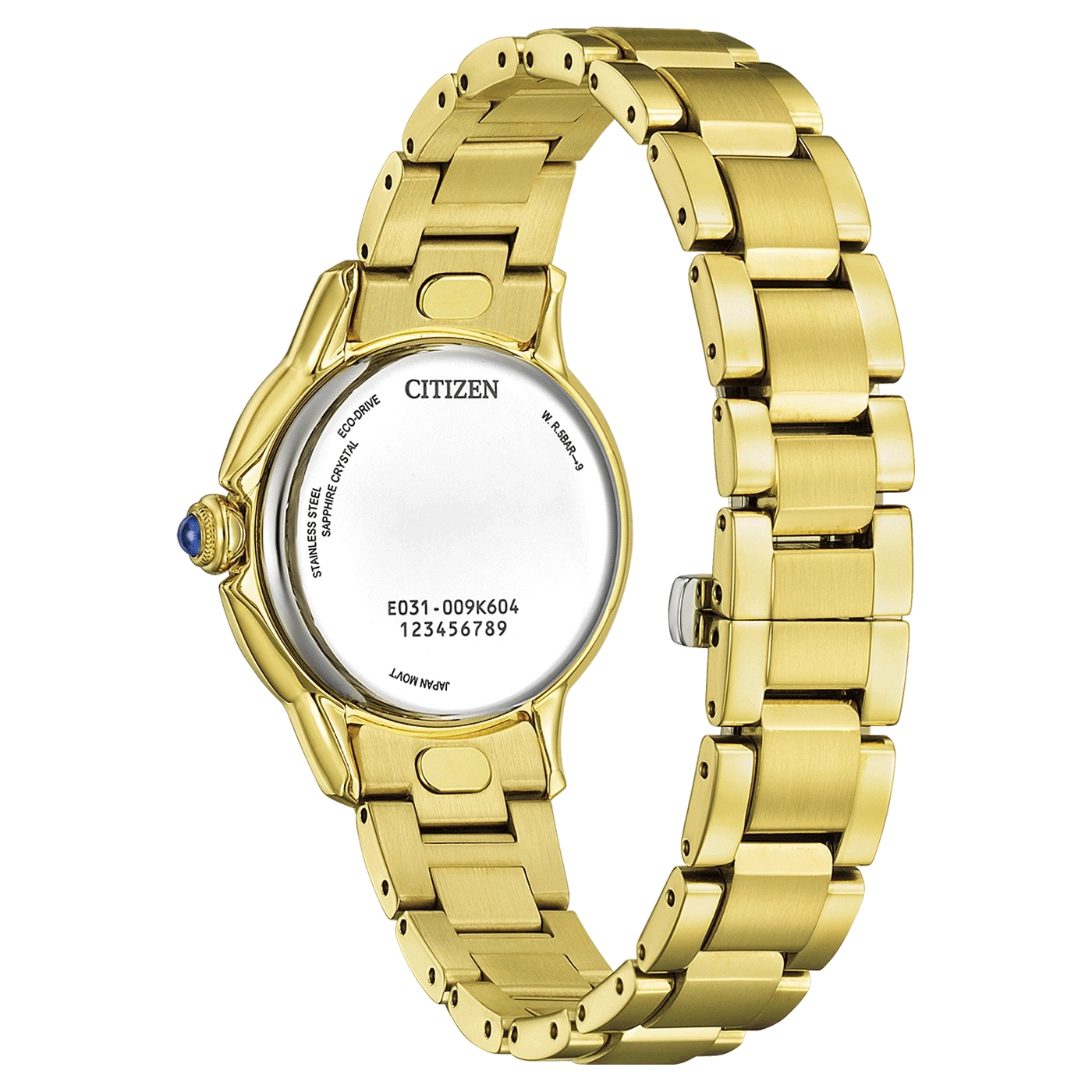Goldene Citizen-Uhr, Rückseite, Edelstahl, Saphirglas, Eco-Drive, Japan Movt.