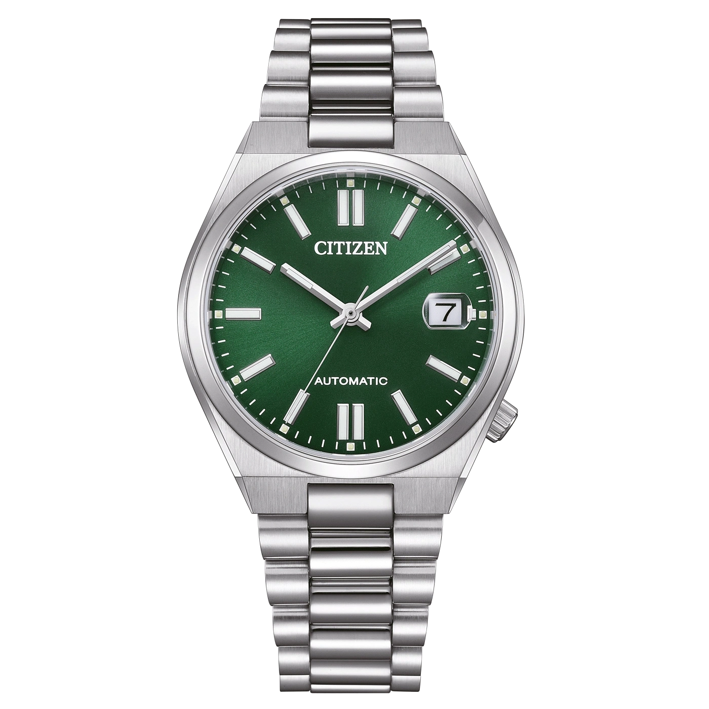 Citizen-Uhr mit grünem Zifferblatt und silbernem Armband, Automatik.