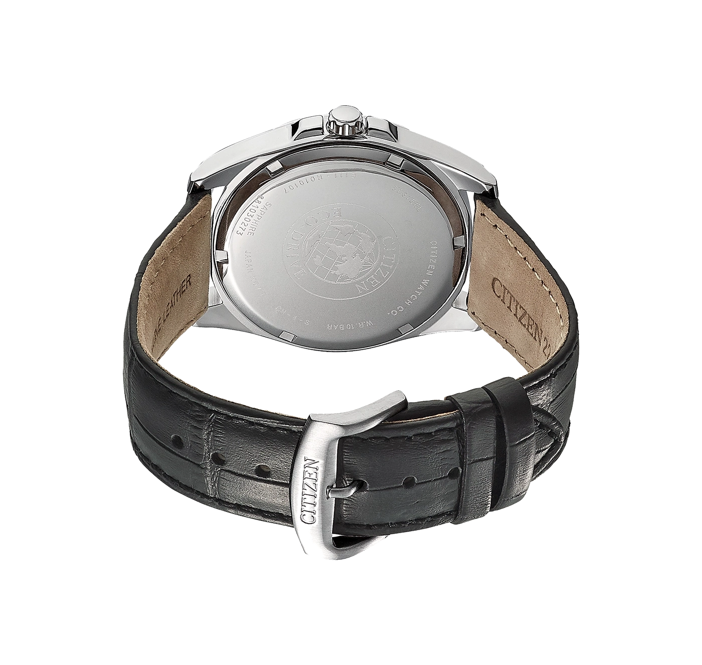 Citizen-Uhr, Rückseite, schwarzes Lederarmband, Saphirglas, wasserdicht 10 bar.