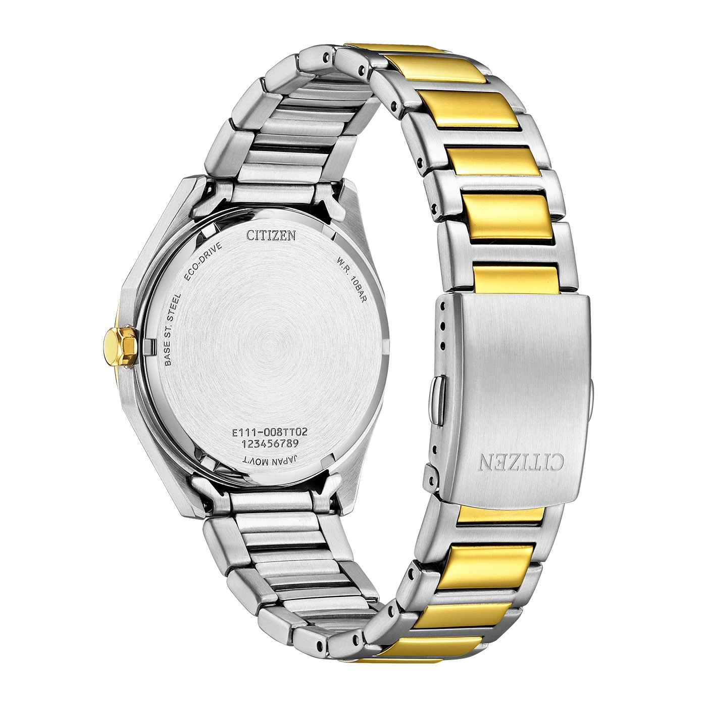 Citizen-Uhrrückseite, Silber und Gold, Eco-Drive, Japan-Uhrwerk, W.R. 10BAR