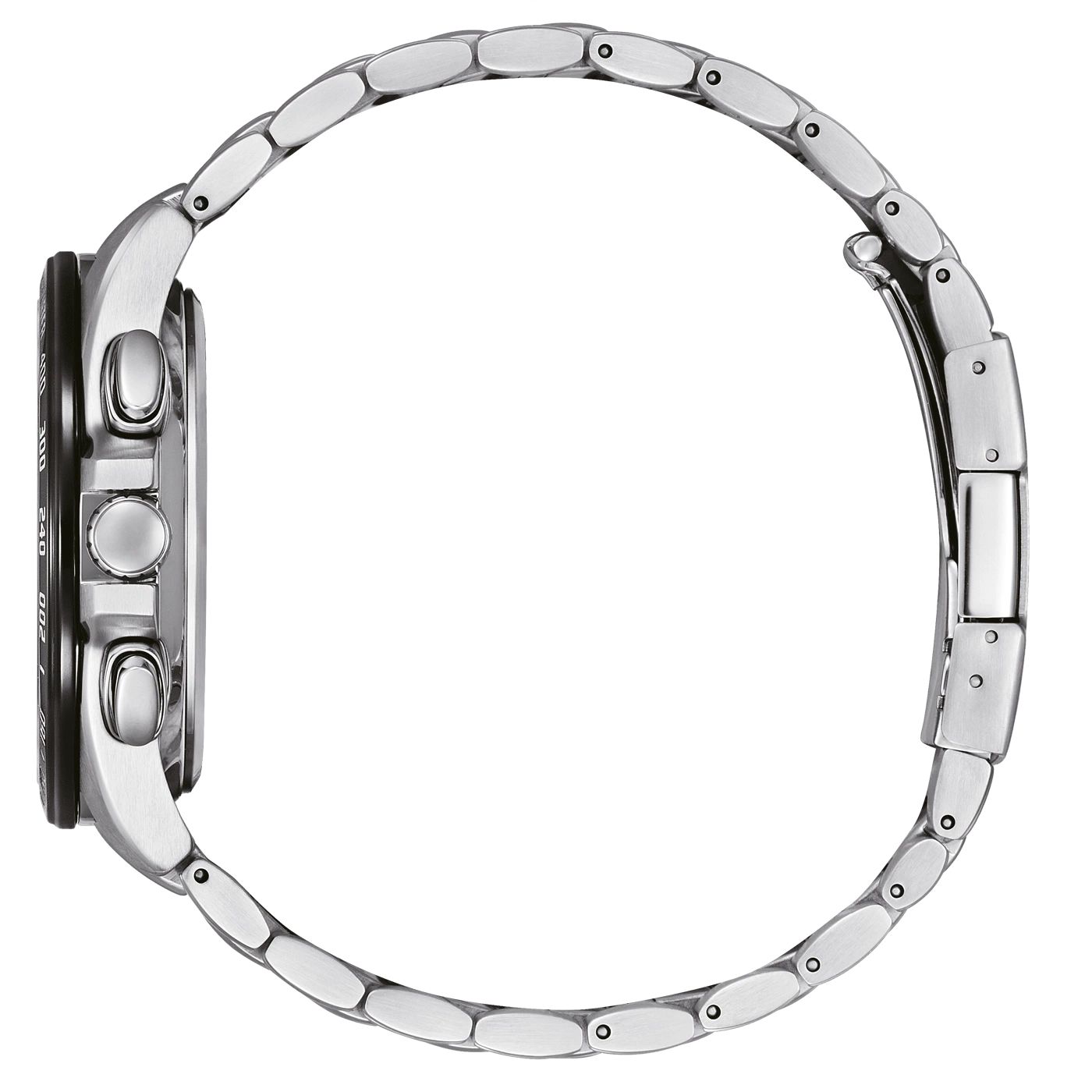 Seitenansicht einer silbernen Armbanduhr mit schwarzem Zifferblatt und Metallband.