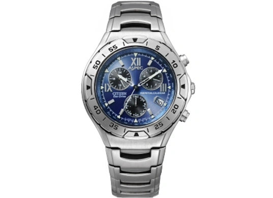 Silberne Citizen-Uhr mit blauem Zifferblatt, Chronograph und ewiger Kalender.
