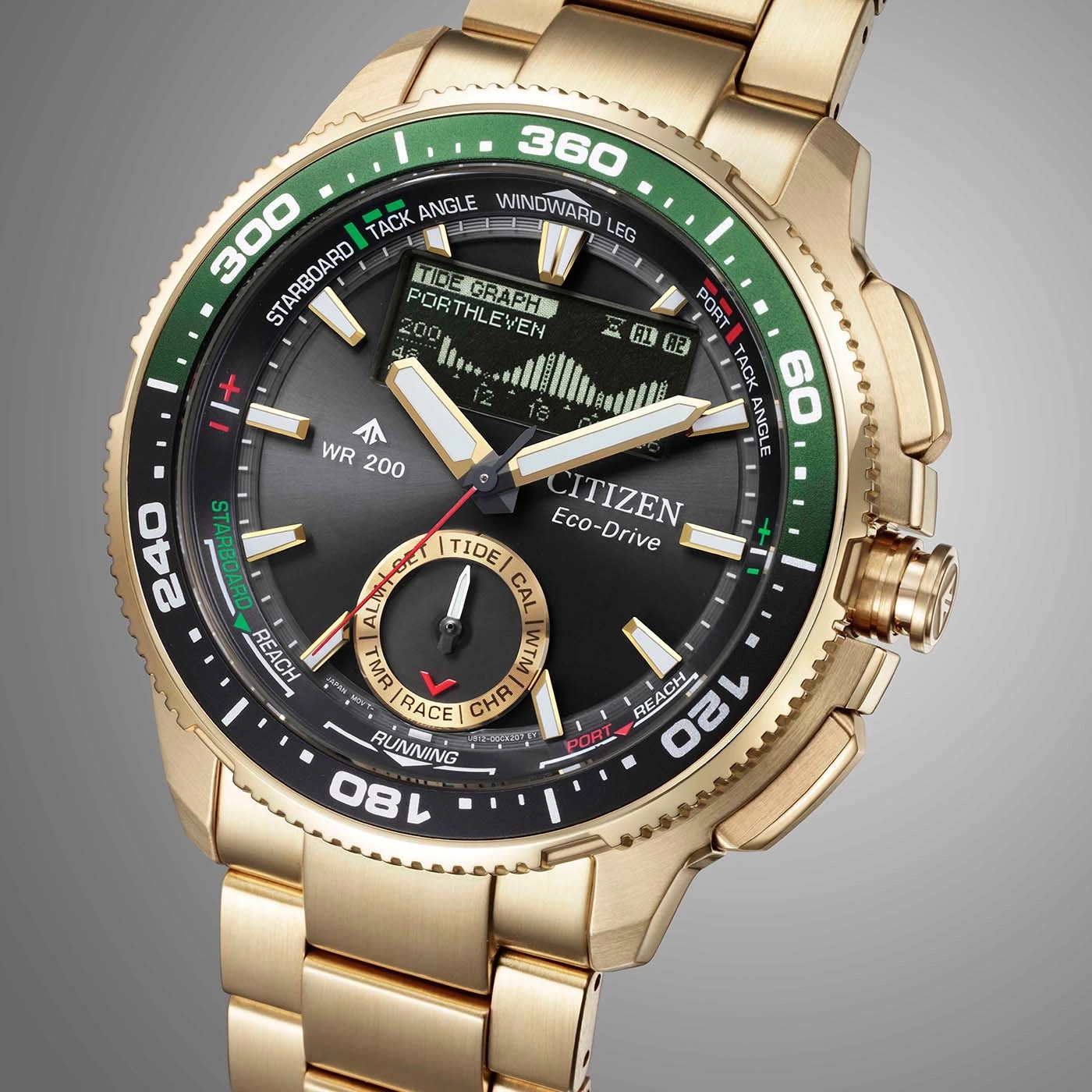 Eine goldene Citizen Eco-Drive Uhr mit schwarzem Zifferblatt und grüner Lünette zeigt Gezeitengraphendaten an.