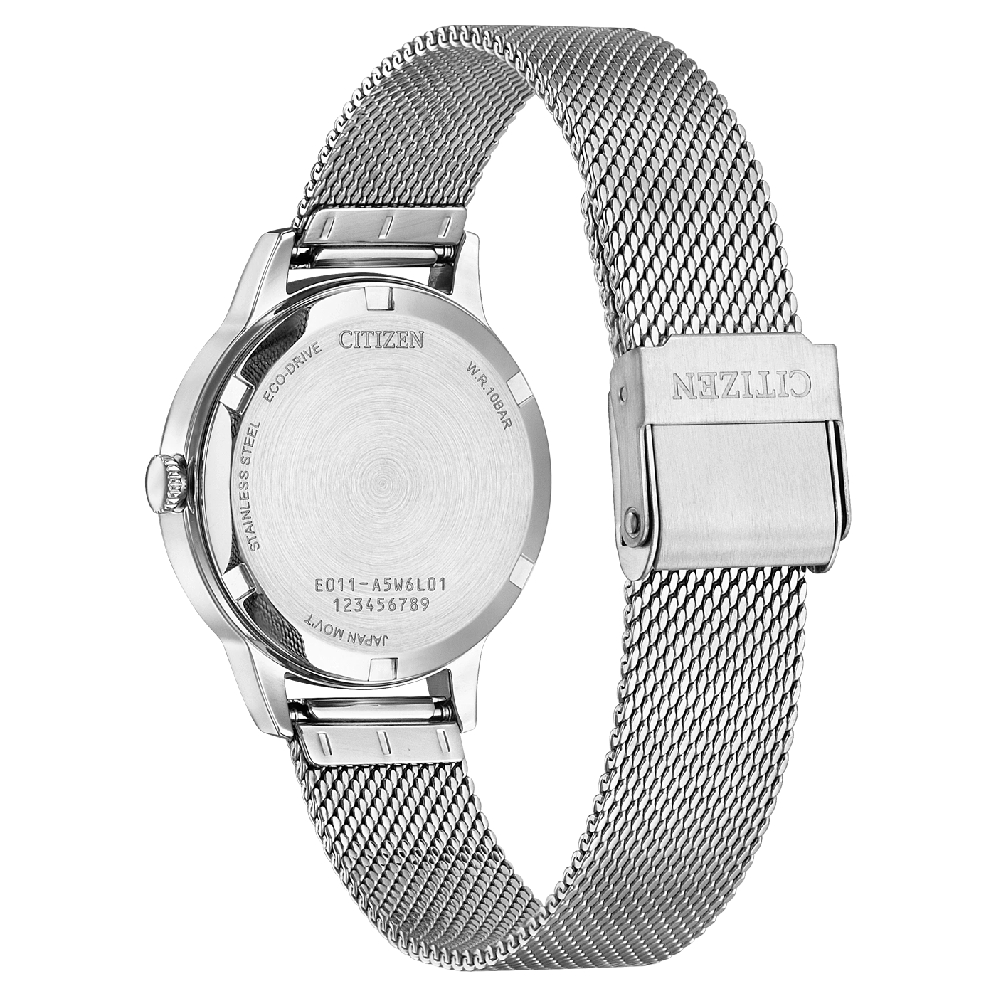 Citizen-Uhrrückseite mit Edelstahl- und Mesh-Armband, Eco-Drive, W.R.10BAR