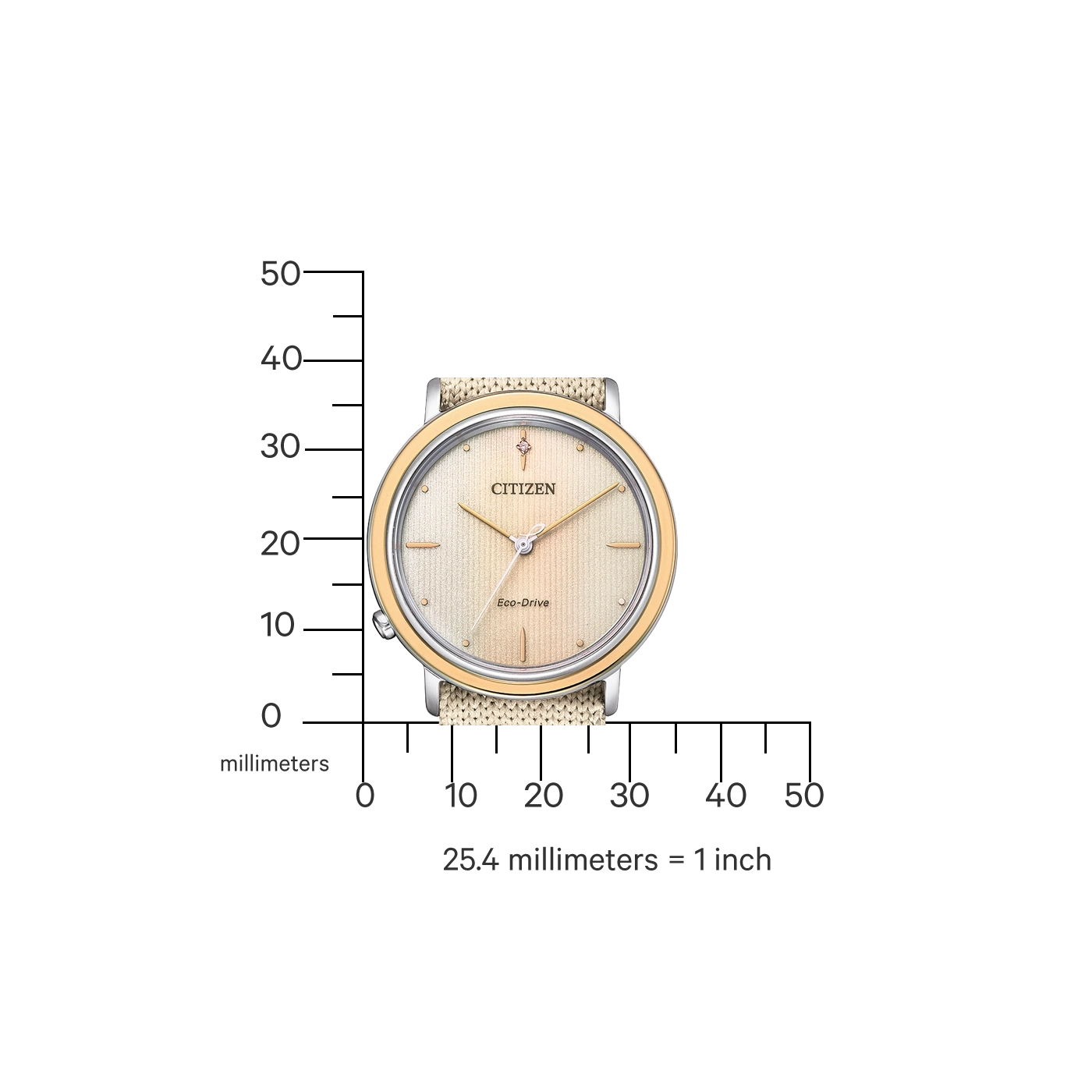 Citizen-Uhr mit beigem Armband und goldenen Akzenten, Eco-Drive-Technologie.