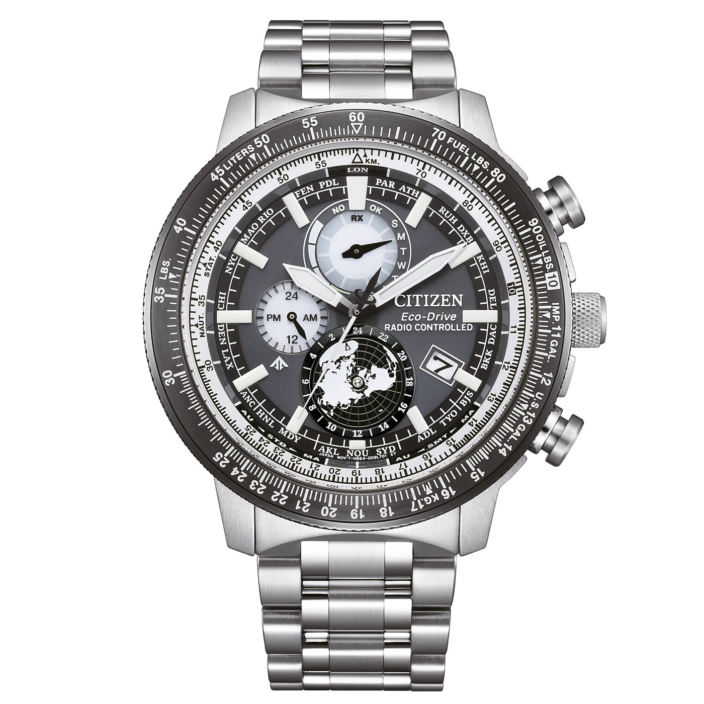 Citizen Eco-Drive Uhr mit mehreren Zifferblättern und einem Weltkarten-Design auf dem Zifferblatt.