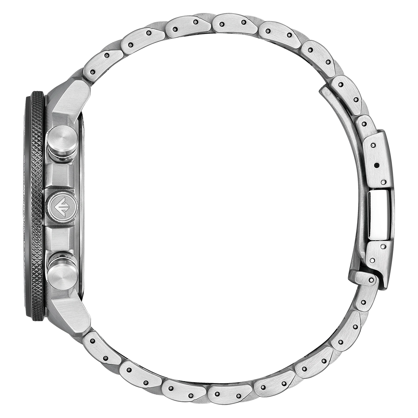 Seitenansicht einer silbernen Uhr mit Metallband und Knöpfen.