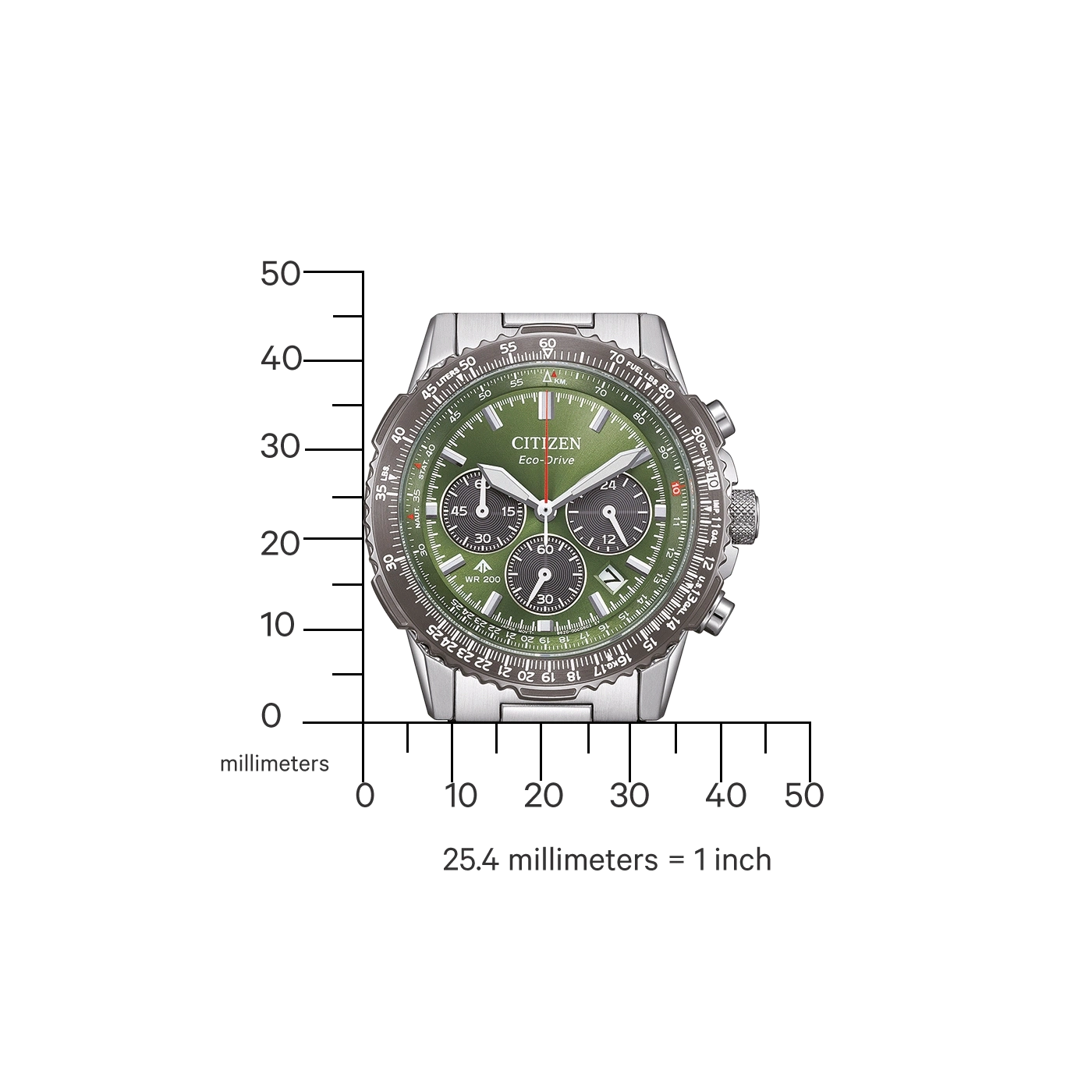 Citizen Eco-Drive Uhr mit grünem Zifferblatt und Maßstab.
