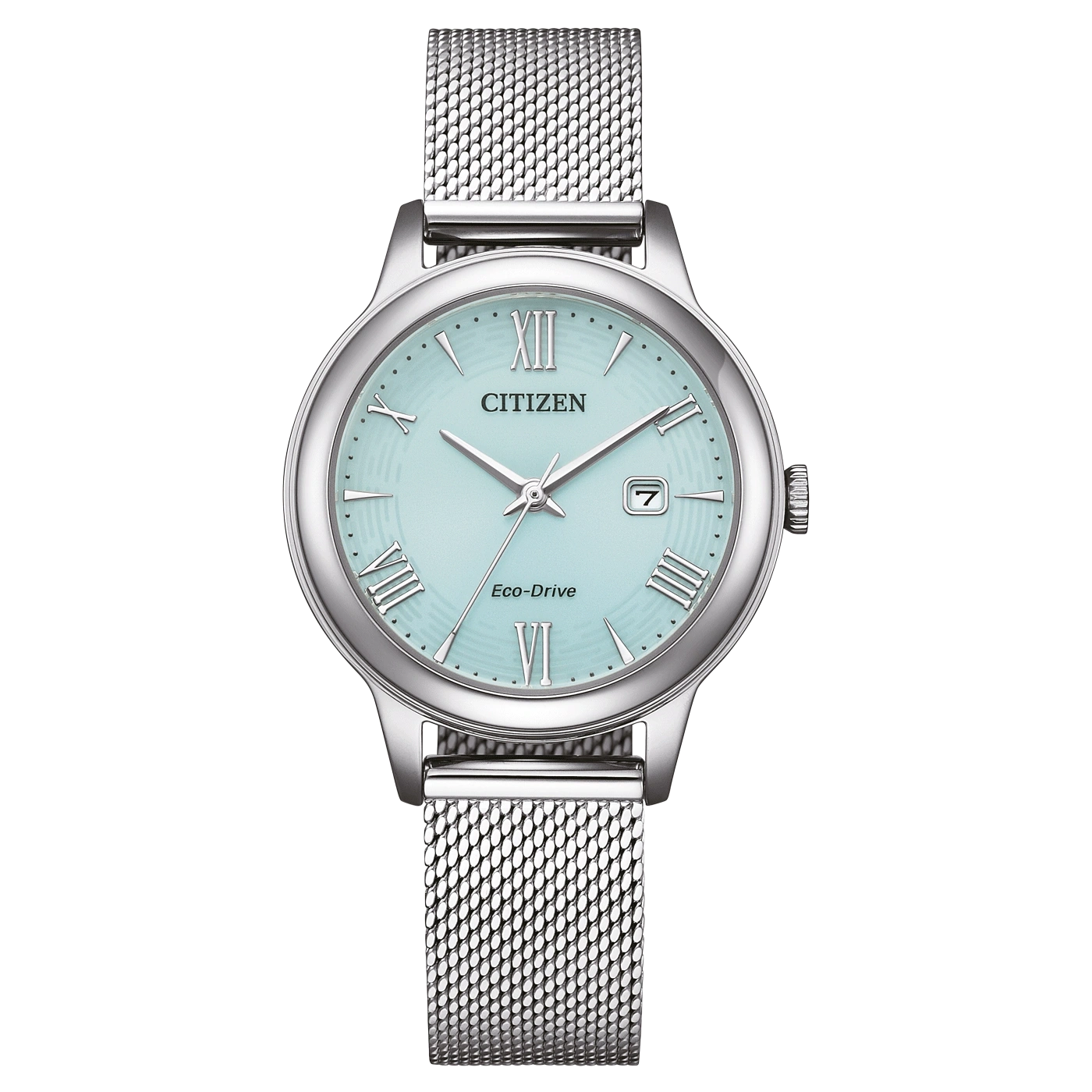 Citizen-Uhr mit hellblauem Zifferblatt und silbernem Armband, Eco-Drive.