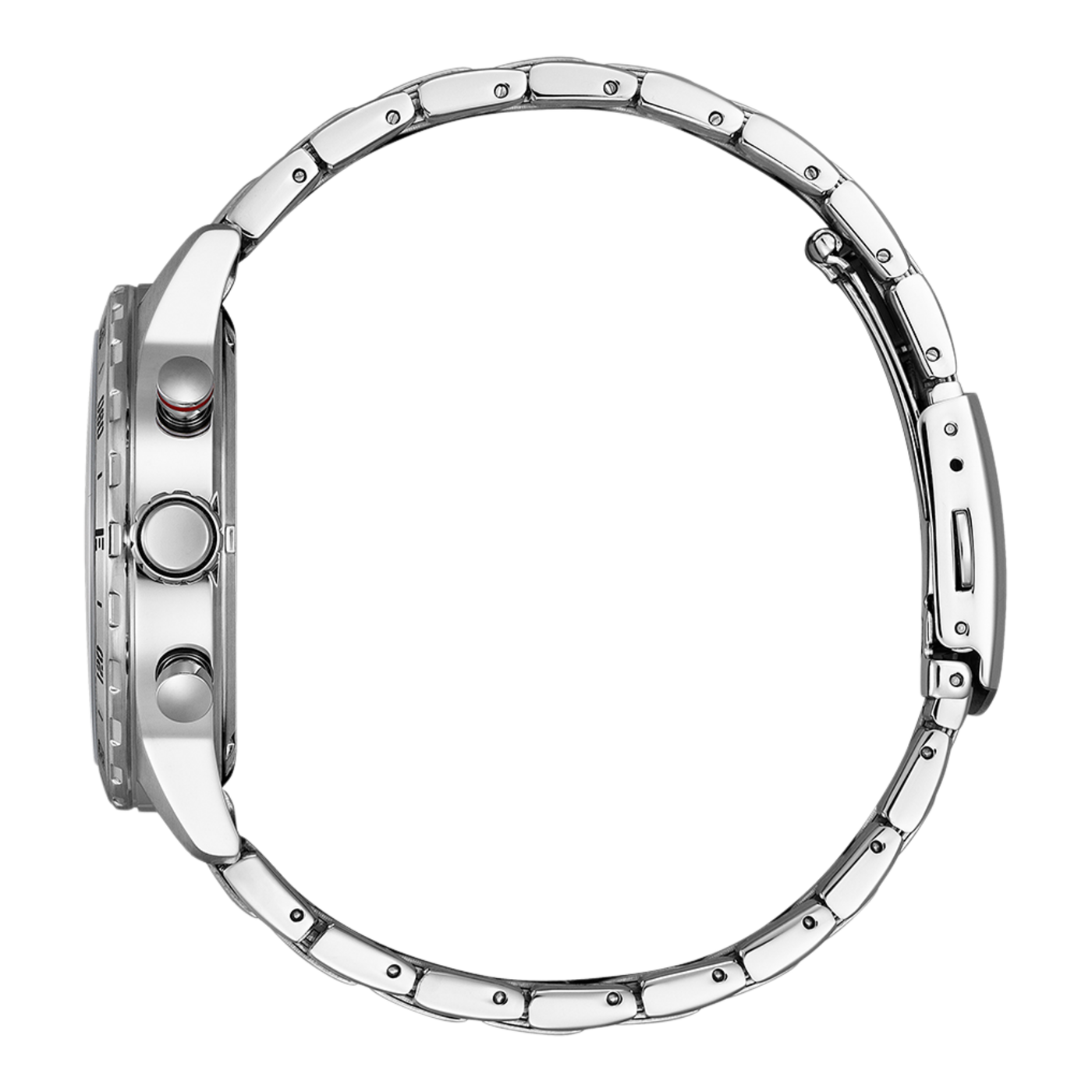 Silberne Uhr mit Metallband, Seitenansicht, Nahaufnahme, glänzend, elegant.