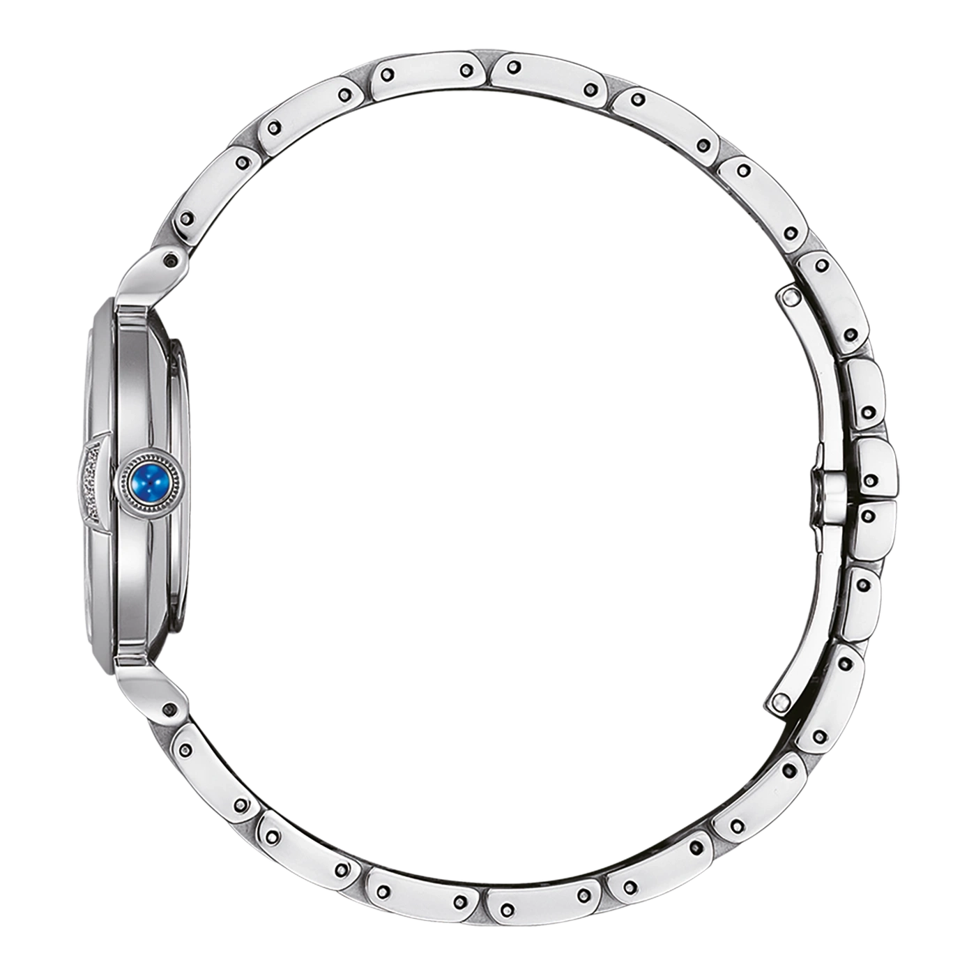 Silberne Uhr mit blauem Edelstein und Diamantakzenten, Seitenansicht, elegantes Design