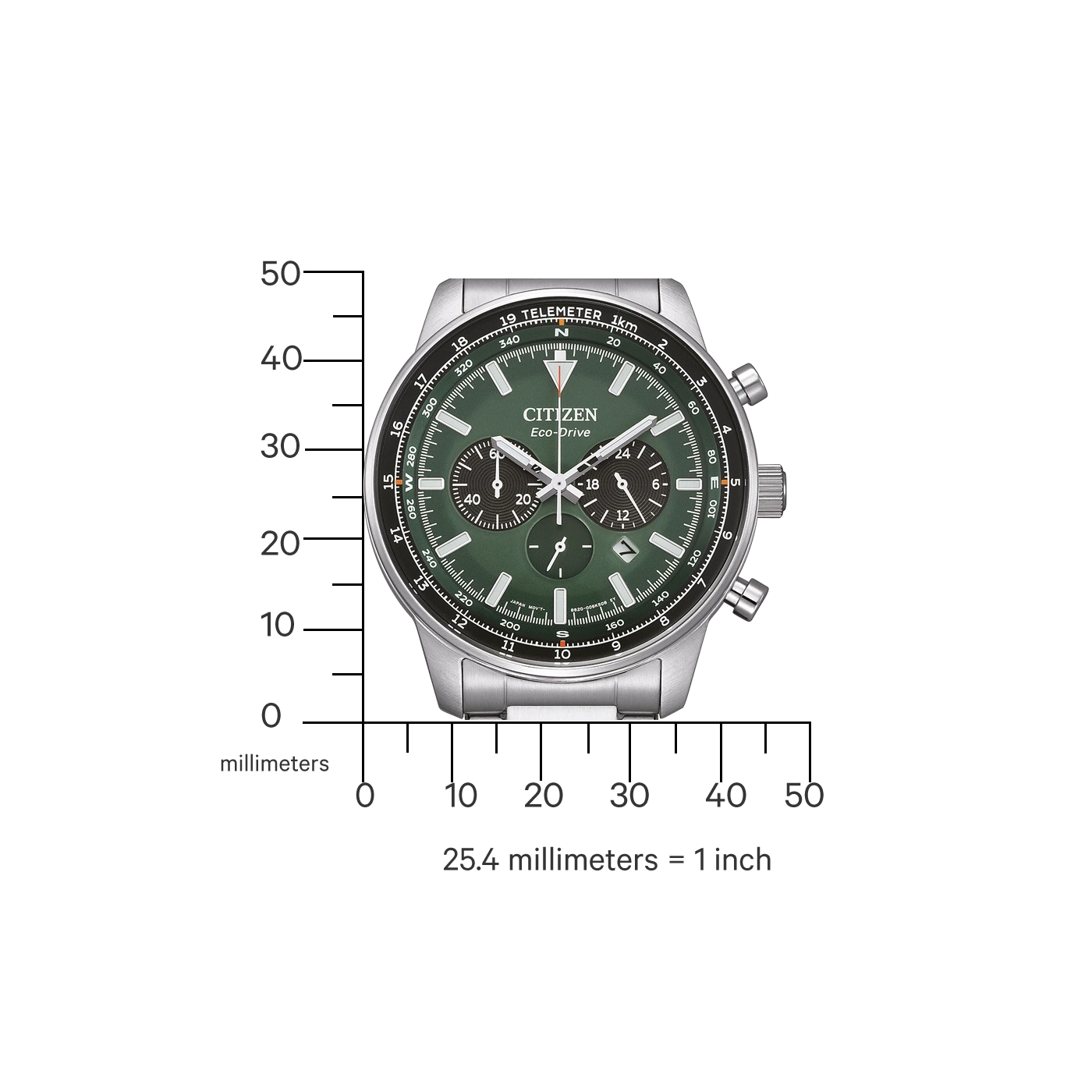 Citizen Eco-Drive Uhr mit grünem Zifferblatt, Chronograph und Telemeterskala, Messung in Millimetern.