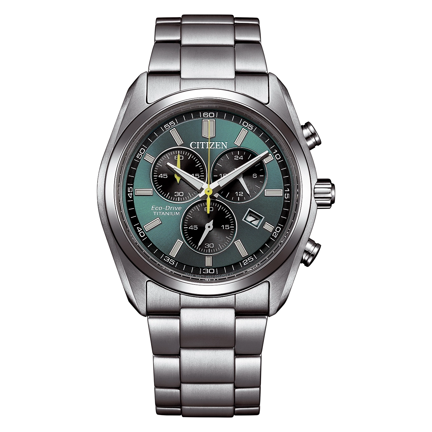 Eine Citizen Eco-Drive Titanium Chronographenuhr mit grünem Zifferblatt.