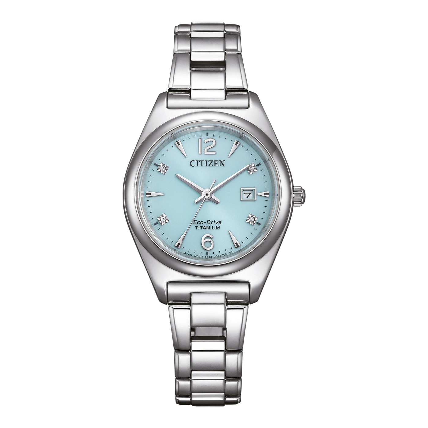 Citizen Eco-Drive Titanuhr mit hellblauem Zifferblatt und silbernem Armband.