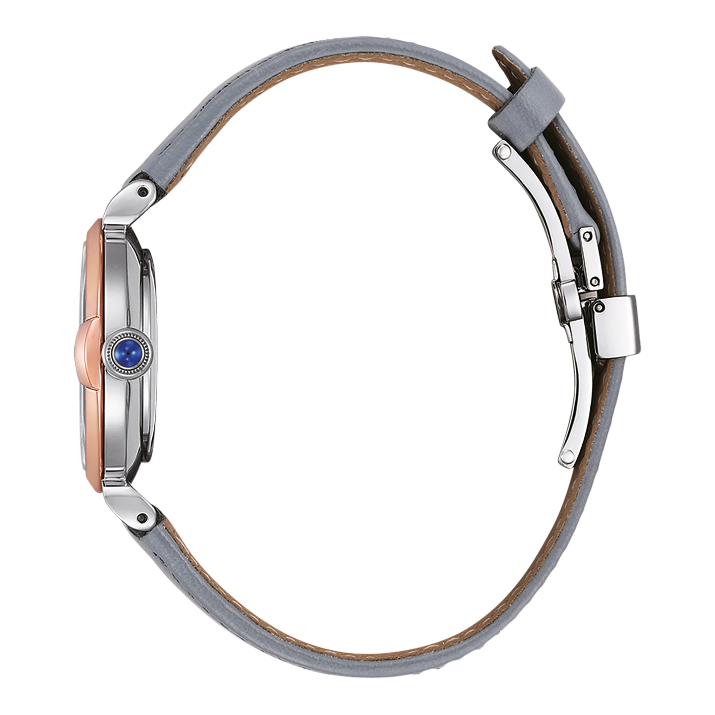 Seitenansicht einer silbernen und roségoldenen Uhr mit blauem Edelstein und grauem Armband.