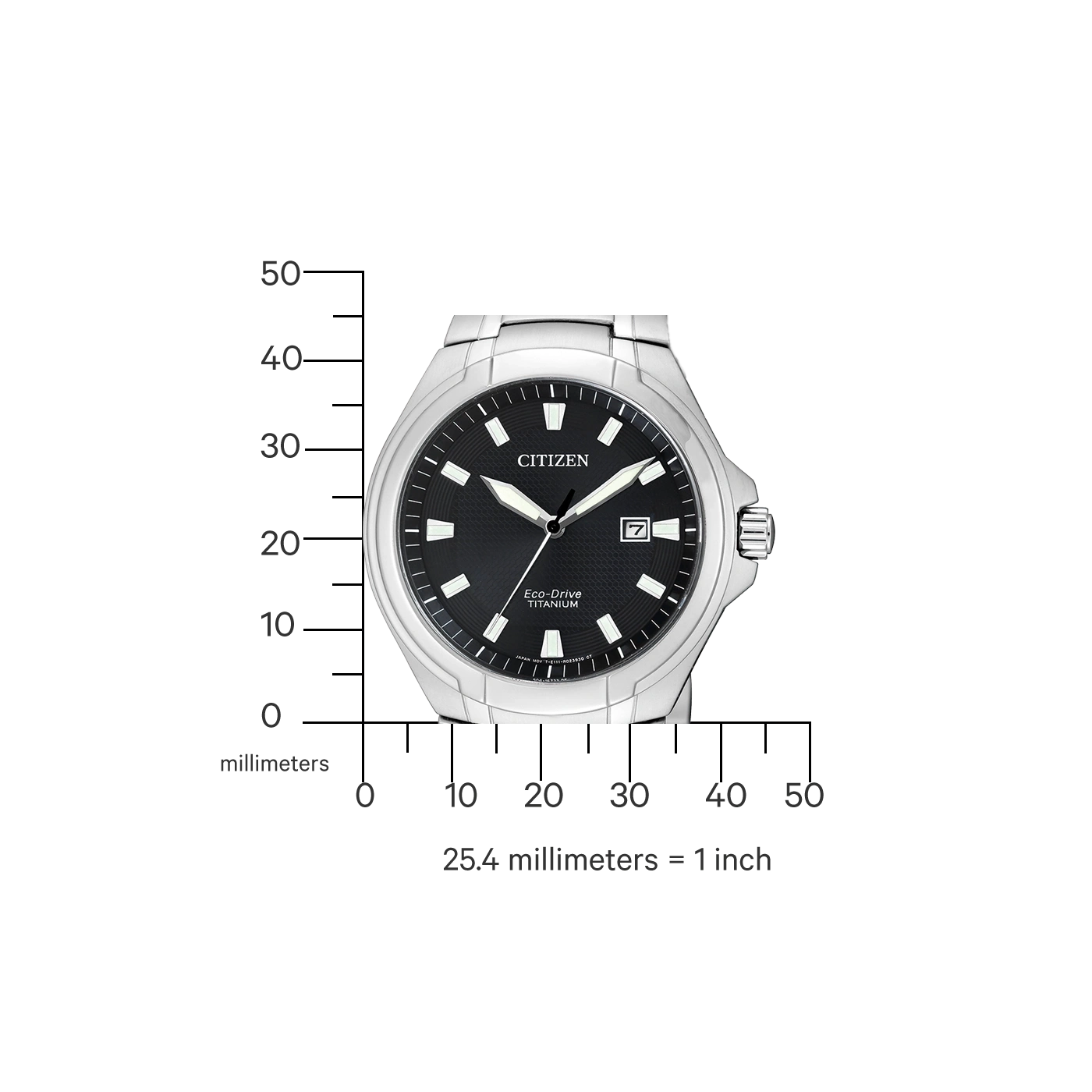 Citizen-Uhr mit schwarzem Zifferblatt, Titan, Eco-Drive, Datumsanzeige und silbernem Armband.
