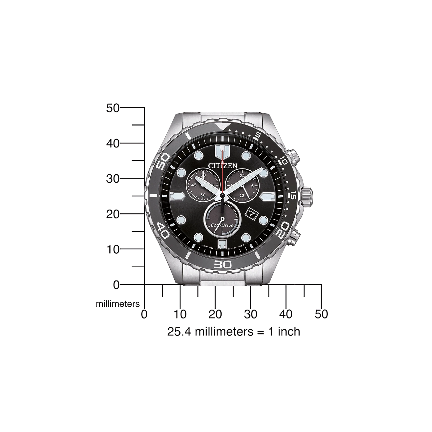 Citizen-Uhr mit schwarzem Zifferblatt und Maßstab in Millimetern.