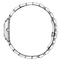 Seitenansicht einer silbernen Armbanduhr mit Metallband, elegantes Design.