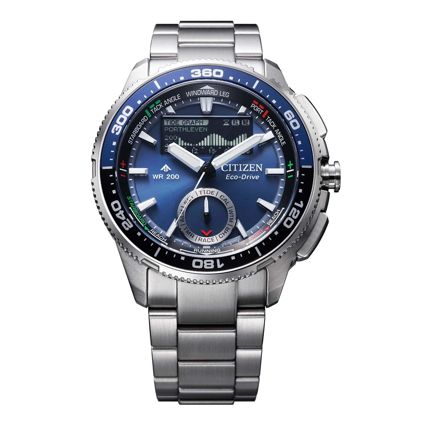 Eine Nahaufnahme einer Citizen Eco-Drive Uhr mit blauem Zifferblatt und Metallarmband.
