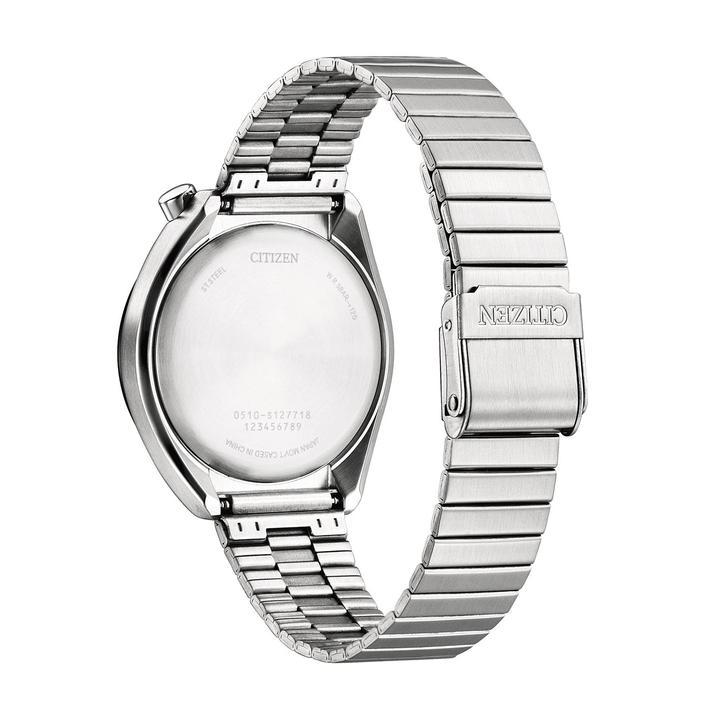 Rückseite einer silbernen Citizen-Uhr mit Metallarmband.